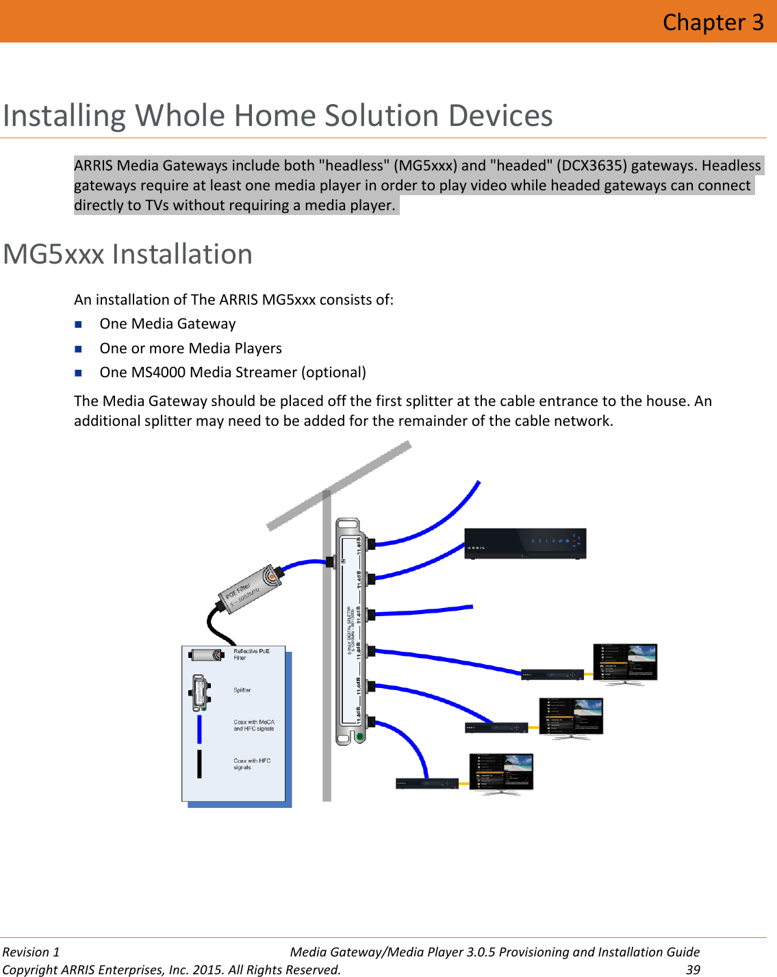  Revision 1  Media Gateway/Media Player 3.0.5 Provisioning and Installation Guide Copyright ARRIS Enterprises, Inc. 2015. All Rights Reserved.  39  Chapter 3 Installing Whole Home Solution Devices ARRIS Media Gateways include both &quot;headless&quot; (MG5xxx) and &quot;headed&quot; (DCX3635) gateways. Headless gateways require at least one media player in order to play video while headed gateways can connect directly to TVs without requiring a media player.    MG5xxx Installation An installation of The ARRIS MG5xxx consists of:  One Media Gateway  One or more Media Players  One MS4000 Media Streamer (optional) The Media Gateway should be placed off the first splitter at the cable entrance to the house. An additional splitter may need to be added for the remainder of the cable network.     