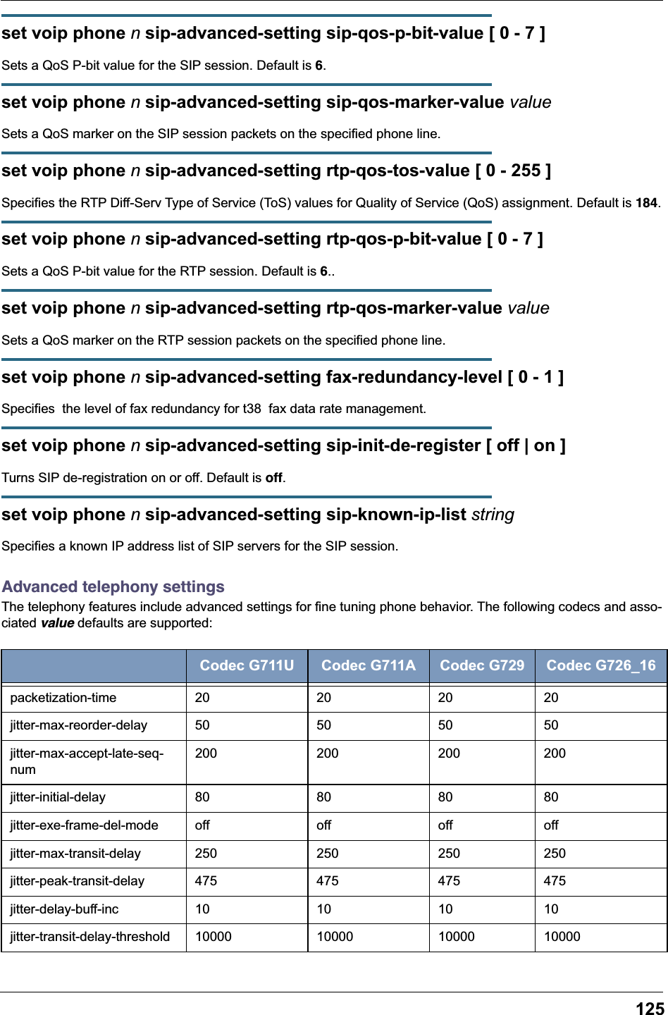 125set voip phone n sip-advanced-setting sip-qos-p-bit-value [ 0 - 7 ]Sets a QoS P-bit value for the SIP session. Default is 6.set voip phone n sip-advanced-setting sip-qos-marker-value valueSets a QoS marker on the SIP session packets on the specified phone line.set voip phone n sip-advanced-setting rtp-qos-tos-value [ 0 - 255 ]Specifies the RTP Diff-Serv Type of Service (ToS) values for Quality of Service (QoS) assignment. Default is 184.set voip phone n sip-advanced-setting rtp-qos-p-bit-value [ 0 - 7 ]Sets a QoS P-bit value for the RTP session. Default is 6..set voip phone n sip-advanced-setting rtp-qos-marker-value valueSets a QoS marker on the RTP session packets on the specified phone line.set voip phone n sip-advanced-setting fax-redundancy-level [ 0 - 1 ]Specifies  the level of fax redundancy for t38  fax data rate management.set voip phone n sip-advanced-setting sip-init-de-register [ off | on ]Turns SIP de-registration on or off. Default is off.set voip phone n sip-advanced-setting sip-known-ip-list stringSpecifies a known IP address list of SIP servers for the SIP session.Advanced telephony settingsThe telephony features include advanced settings for fine tuning phone behavior. The following codecs and asso-ciated value defaults are supported: Codec G711U Codec G711A Codec G729 Codec G726_16packetization-time 20 20 20 20jitter-max-reorder-delay 50 50 50 50jitter-max-accept-late-seq-num200 200 200 200jitter-initial-delay 80 80 80 80jitter-exe-frame-del-mode off off off offjitter-max-transit-delay 250 250 250 250jitter-peak-transit-delay 475 475 475 475jitter-delay-buff-inc 10 10 10 10jitter-transit-delay-threshold 10000 10000 10000 10000