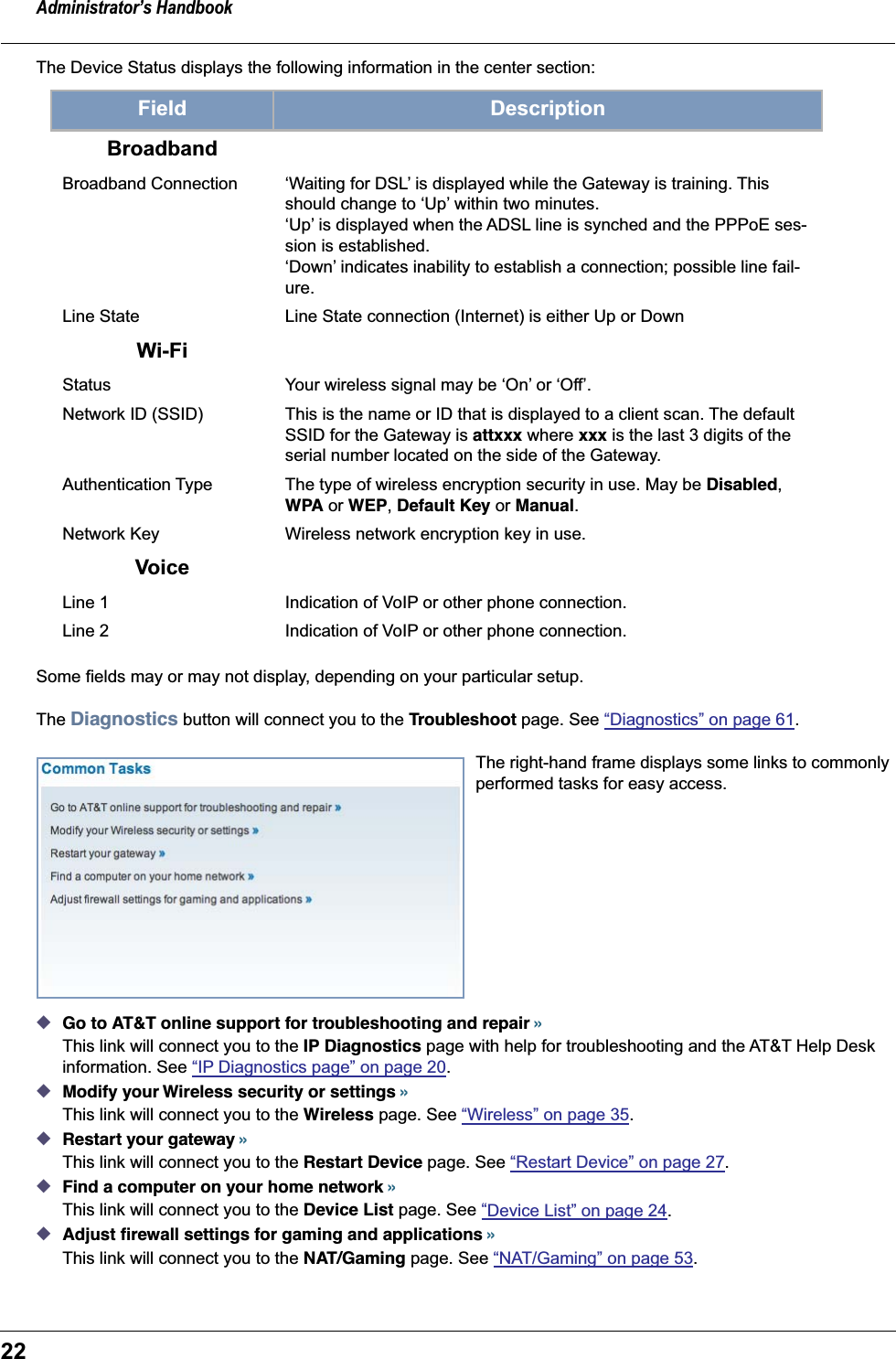 Administrator’s Handbook22The Device Status displays the following information in the center section: Some fields may or may not display, depending on your particular setup.The Diagnostics button will connect you to the Troubleshoot page. See “Diagnostics” on page 61.The right-hand frame displays some links to commonly performed tasks for easy access.◆Go to AT&amp;T online support for troubleshooting and repair »This link will connect you to the IP Diagnostics page with help for troubleshooting and the AT&amp;T Help Desk information. See “IP Diagnostics page” on page 20.◆Modify your Wireless security or settings »This link will connect you to the Wireless page. See “Wireless” on page 35.◆Restart your gateway »This link will connect you to the Restart Device page. See “Restart Device” on page 27.◆Find a computer on your home network »This link will connect you to the Device List page. See “Device List” on page 24.◆Adjust ﬁrewall settings for gaming and applications »This link will connect you to the NAT/Gaming page. See “NAT/Gaming” on page 53.Field DescriptionBroadbandBroadband Connection ‘Waiting for DSL’ is displayed while the Gateway is training. This should change to ‘Up’ within two minutes.‘Up’ is displayed when the ADSL line is synched and the PPPoE ses-sion is established.‘Down’ indicates inability to establish a connection; possible line fail-ure.Line State Line State connection (Internet) is either Up or DownWi-FiStatus Your wireless signal may be ‘On’ or ‘Off’.Network ID (SSID) This is the name or ID that is displayed to a client scan. The default SSID for the Gateway is attxxx where xxx is the last 3 digits of the serial number located on the side of the Gateway.Authentication Type The type of wireless encryption security in use. May be Disabled, WPA or WEP, Default Key or Manual.Network Key Wireless network encryption key in use.VoiceLine 1 Indication of VoIP or other phone connection.Line 2 Indication of VoIP or other phone connection.