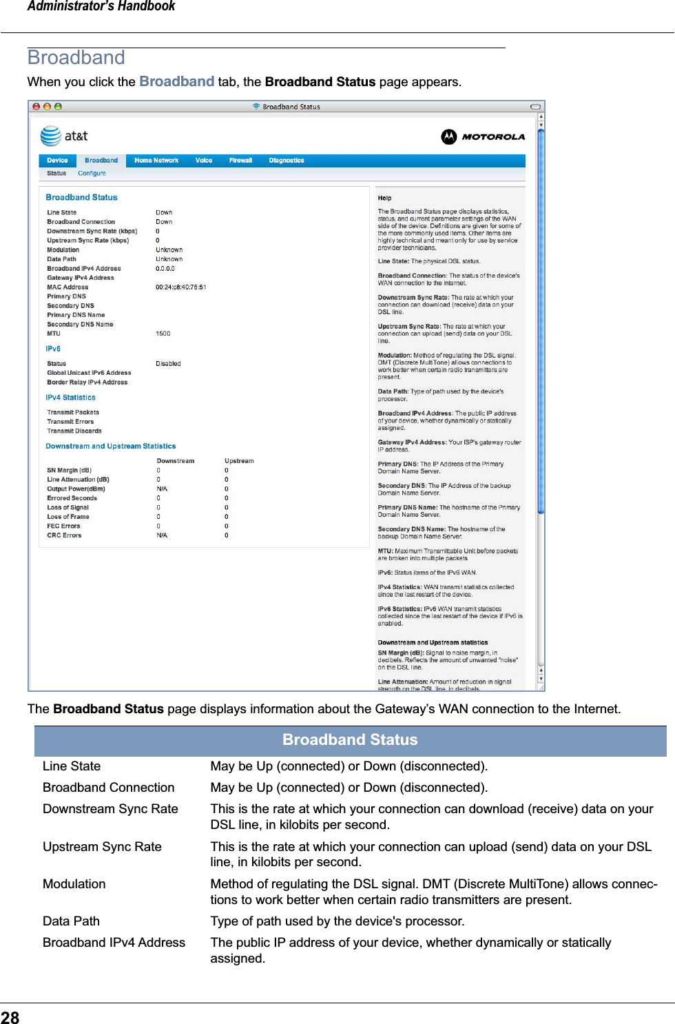 Administrator’s Handbook28BroadbandWhen you click the Broadband tab, the Broadband Status page appears.The Broadband Status page displays information about the Gateway’s WAN connection to the Internet. Broadband StatusLine State May be Up (connected) or Down (disconnected).Broadband Connection May be Up (connected) or Down (disconnected).Downstream Sync Rate This is the rate at which your connection can download (receive) data on your DSL line, in kilobits per second.Upstream Sync Rate This is the rate at which your connection can upload (send) data on your DSL line, in kilobits per second.Modulation Method of regulating the DSL signal. DMT (Discrete MultiTone) allows connec-tions to work better when certain radio transmitters are present. Data Path Type of path used by the device&apos;s processor. Broadband IPv4 Address The public IP address of your device, whether dynamically or statically assigned.