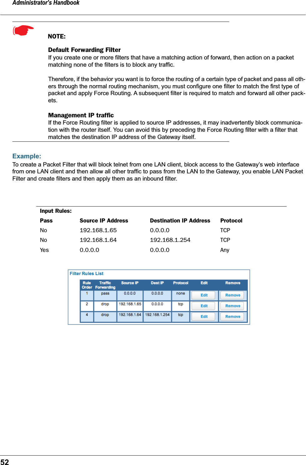 Administrator’s Handbook52☛  NOTE:Default Forwarding FilterIf you create one or more filters that have a matching action of forward, then action on a packet matching none of the filters is to block any traffic.Therefore, if the behavior you want is to force the routing of a certain type of packet and pass all oth-ers through the normal routing mechanism, you must configure one filter to match the first type of packet and apply Force Routing. A subsequent filter is required to match and forward all other pack-ets.Management IP trafﬁcIf the Force Routing filter is applied to source IP addresses, it may inadvertently block communica-tion with the router itself. You can avoid this by preceding the Force Routing filter with a filter that matches the destination IP address of the Gateway itself.Example:To create a Packet Filter that will block telnet from one LAN client, block access to the Gateway’s web interface from one LAN client and then allow all other traffic to pass from the LAN to the Gateway, you enable LAN Packet Filter and create filters and then apply them as an inbound filter.Input Rules:Pass Source IP Address Destination IP Address ProtocolNo 192.168.1.65 0.0.0.0 TCPNo 192.168.1.64 192.168.1.254 TCPYes 0.0.0.0 0.0.0.0 Any