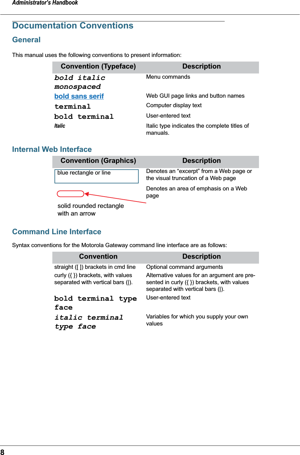  Administrator’s Handbook 8 Documentation Conventions General This manual uses the following conventions to present information: Internal Web InterfaceCommand Line Interface Syntax conventions for the Motorola Gateway command line interface are as follows: Convention (Typeface) Description bold italic monospaced Menu commands bold sans serif  Web GUI page links and button names terminal Computer display text bold terminal User-entered text Italic   Italic type indicates the complete titles of manuals. Convention (Graphics) Description Denotes an “excerpt” from a Web page or the visual truncation of a Web pageDenotes an area of emphasis on a Web page Convention Description straight ([ ]) brackets in cmd line Optional command arguments curly ({ }) brackets, with values separated with vertical bars (|).Alternative values for an argument are pre-sented in curly ({ }) brackets, with values separated with vertical bars (|). bold terminal type face User-entered text italic terminal type face Variables for which you supply your own valuesblue rectangle or linesolid rounded rectangle with an arrow