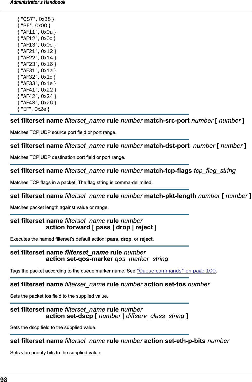 Administrator’s Handbook98{ &quot;CS7&quot;, 0x38 }{ &quot;BE&quot;, 0x00 }{ &quot;AF11&quot;, 0x0a }{ &quot;AF12&quot;, 0x0c }{ &quot;AF13&quot;, 0x0e }{ &quot;AF21&quot;, 0x12 }{ &quot;AF22&quot;, 0x14 }{ &quot;AF23&quot;, 0x16 }{ &quot;AF31&quot;, 0x1a }{ &quot;AF32&quot;, 0x1c }{ &quot;AF33&quot;, 0x1e }{ &quot;AF41&quot;, 0x22 }{ &quot;AF42&quot;, 0x24 }{ &quot;AF43&quot;, 0x26 }{ &quot;EF&quot;, 0x2e }set filterset name filterset_name rule number match-src-port number [ number ]Matches TCP|UDP source port field or port range.set filterset name filterset_name rule number match-dst-port  number [ number ]Matches TCP|UDP destination port field or port range.set filterset name filterset_name rule number match-tcp-flags tcp_flag_stringMatches TCP flags in a packet. The flag string is comma-delimited.set filterset name filterset_name rule number match-pkt-length number [ number ]Matches packet length against value or range.set filterset name filterset_name rule number                     action forward [ pass | drop | reject ]Executes the named filterset’s default action: pass, drop, or reject.set filterset name filterset_name rule number                     action set-qos-marker qos_marker_stringTags the packet according to the queue marker name. See “Queue commands” on page 100.set filterset name filterset_name rule number action set-tos numberSets the packet tos field to the supplied value.set filterset name filterset_name rule number                     action set-dscp [ number | diffserv_class_string ]Sets the dscp field to the supplied value.set filterset name filterset_name rule number action set-eth-p-bits numberSets vlan priority bits to the supplied value.