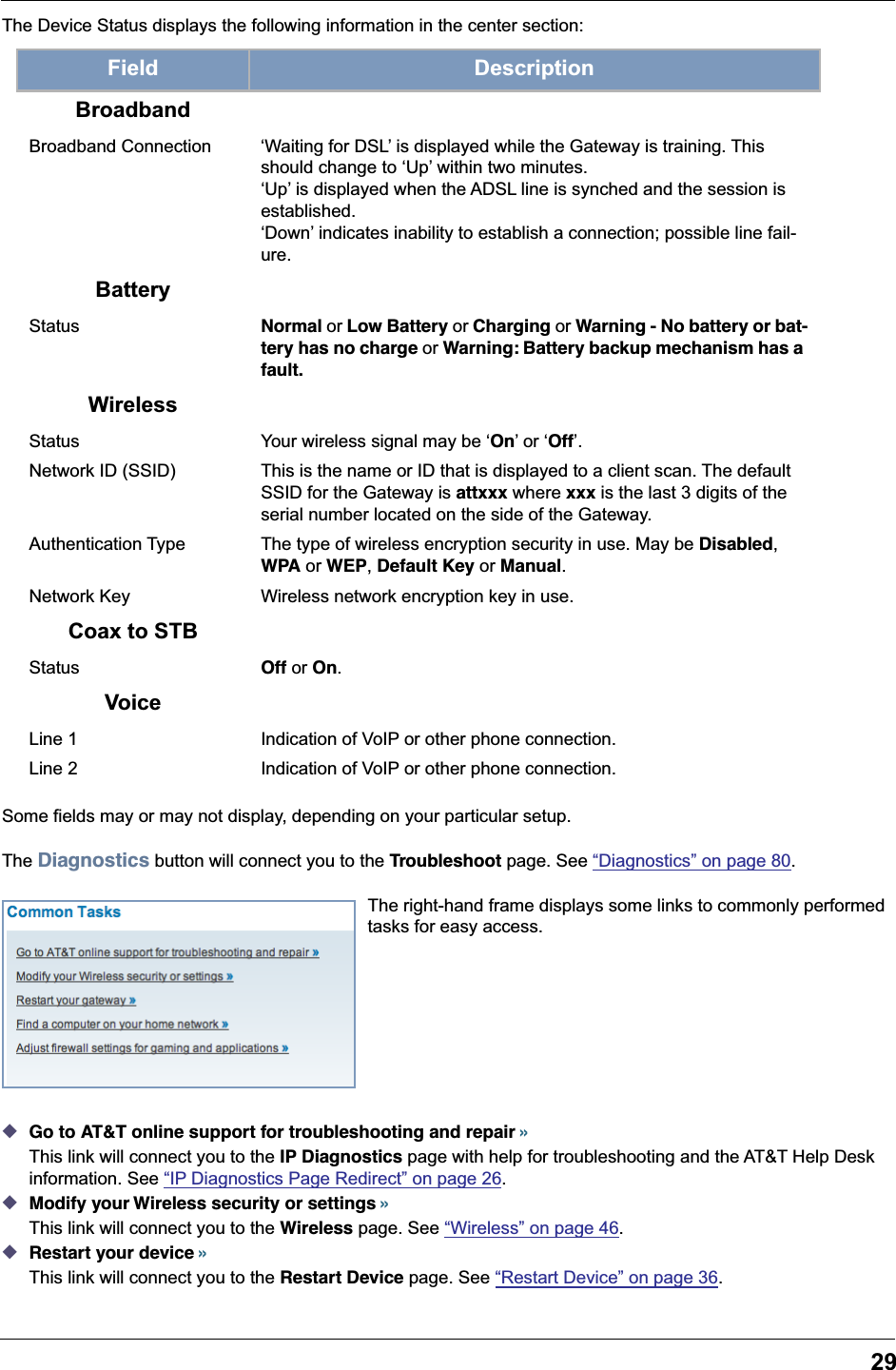 29The Device Status displays the following information in the center section: Some fields may or may not display, depending on your particular setup.The Diagnostics button will connect you to the Troubleshoot page. See &ldquo;Diagnostics&rdquo; on page 80.The right-hand frame displays some links to commonly performed tasks for easy access.◆Go to AT&amp;T online support for troubleshooting and repair &raquo;This link will connect you to the IP Diagnostics page with help for troubleshooting and the AT&amp;T Help Desk information. See &ldquo;IP Diagnostics Page Redirect&rdquo; on page 26.◆Modify your Wireless security or settings &raquo;This link will connect you to the Wireless page. See &ldquo;Wireless&rdquo; on page 46.◆Restart your device &raquo;This link will connect you to the Restart Device page. See &ldquo;Restart Device&rdquo; on page 36.Field DescriptionBroadbandBroadband Connection &lsquo;Waiting for DSL&rsquo; is displayed while the Gateway is training. This should change to &lsquo;Up&rsquo; within two minutes.&lsquo;Up&rsquo; is displayed when the ADSL line is synched and the session is established.&lsquo;Down&rsquo; indicates inability to establish a connection; possible line fail-ure.BatteryStatus Normal or Low Battery or Charging or Warning - No battery or bat-tery has no charge or Warning: Battery backup mechanism has a fault.WirelessStatus Your wireless signal may be &lsquo;On&rsquo; or &lsquo;Off&rsquo;.Network ID (SSID) This is the name or ID that is displayed to a client scan. The default SSID for the Gateway is attxxx where xxx is the last 3 digits of the serial number located on the side of the Gateway.Authentication Type The type of wireless encryption security in use. May be Disabled, WPA or WEP, Default Key or Manual.Network Key Wireless network encryption key in use.Coax to STBStatus Off or On.VoiceLine 1 Indication of VoIP or other phone connection.Line 2 Indication of VoIP or other phone connection.
