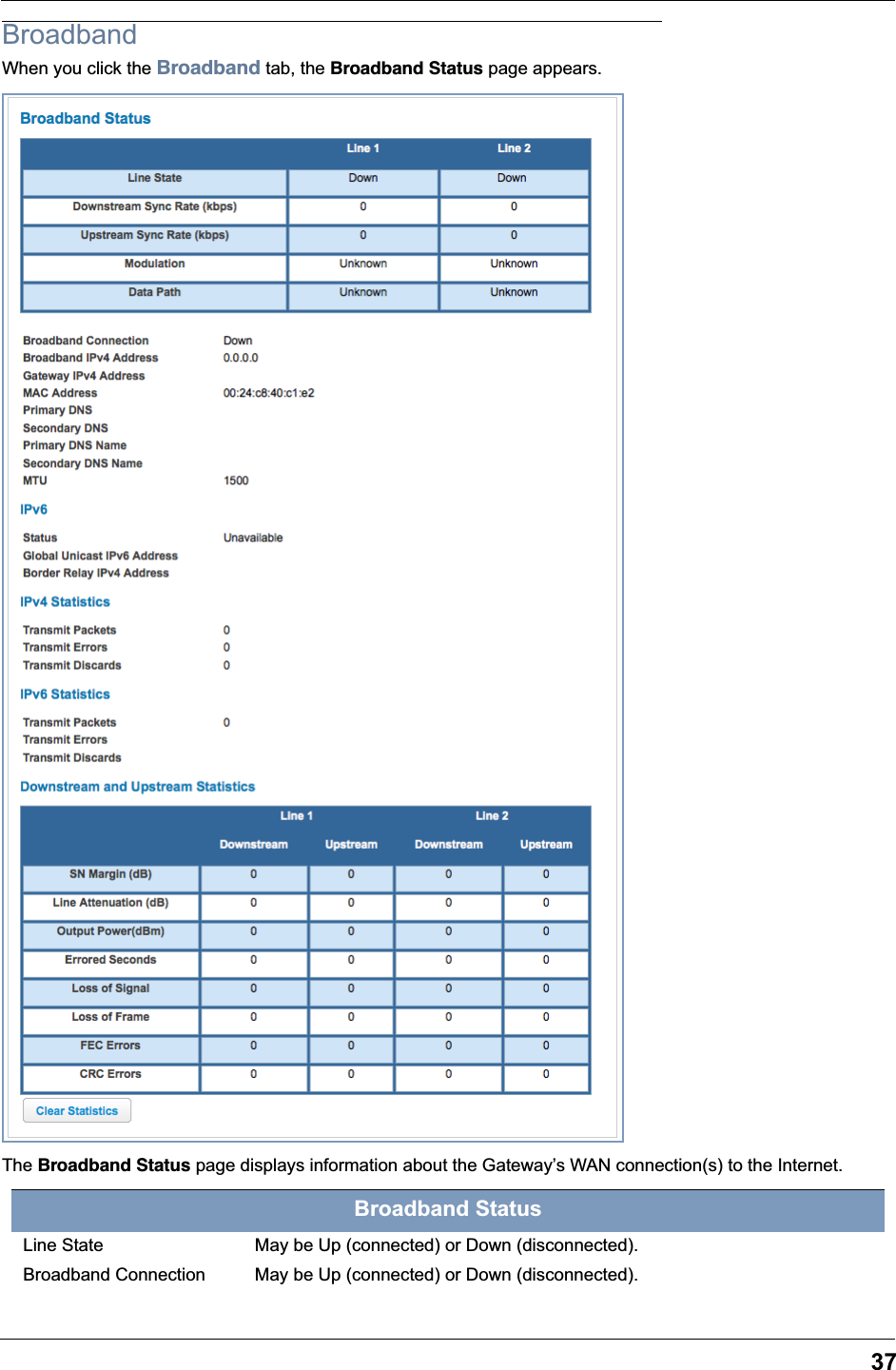37BroadbandWhen you click the Broadband tab, the Broadband Status page appears.The Broadband Status page displays information about the Gateway&rsquo;s WAN connection(s) to the Internet. Broadband StatusLine State May be Up (connected) or Down (disconnected).Broadband Connection May be Up (connected) or Down (disconnected).