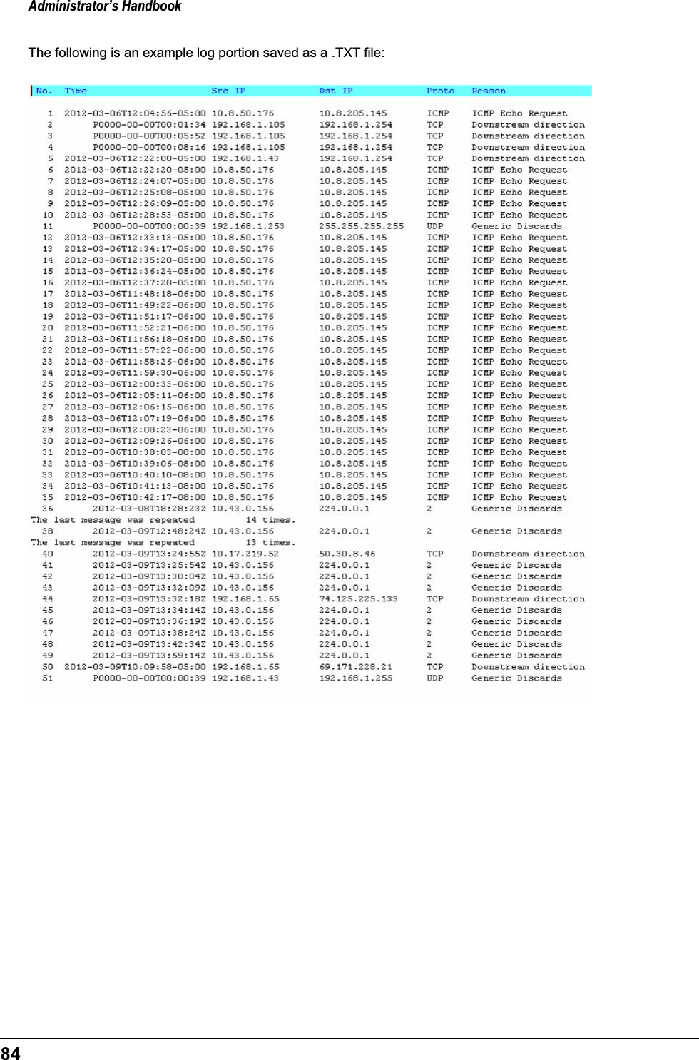 Administrator&rsquo;s Handbook84The following is an example log portion saved as a .TXT file: