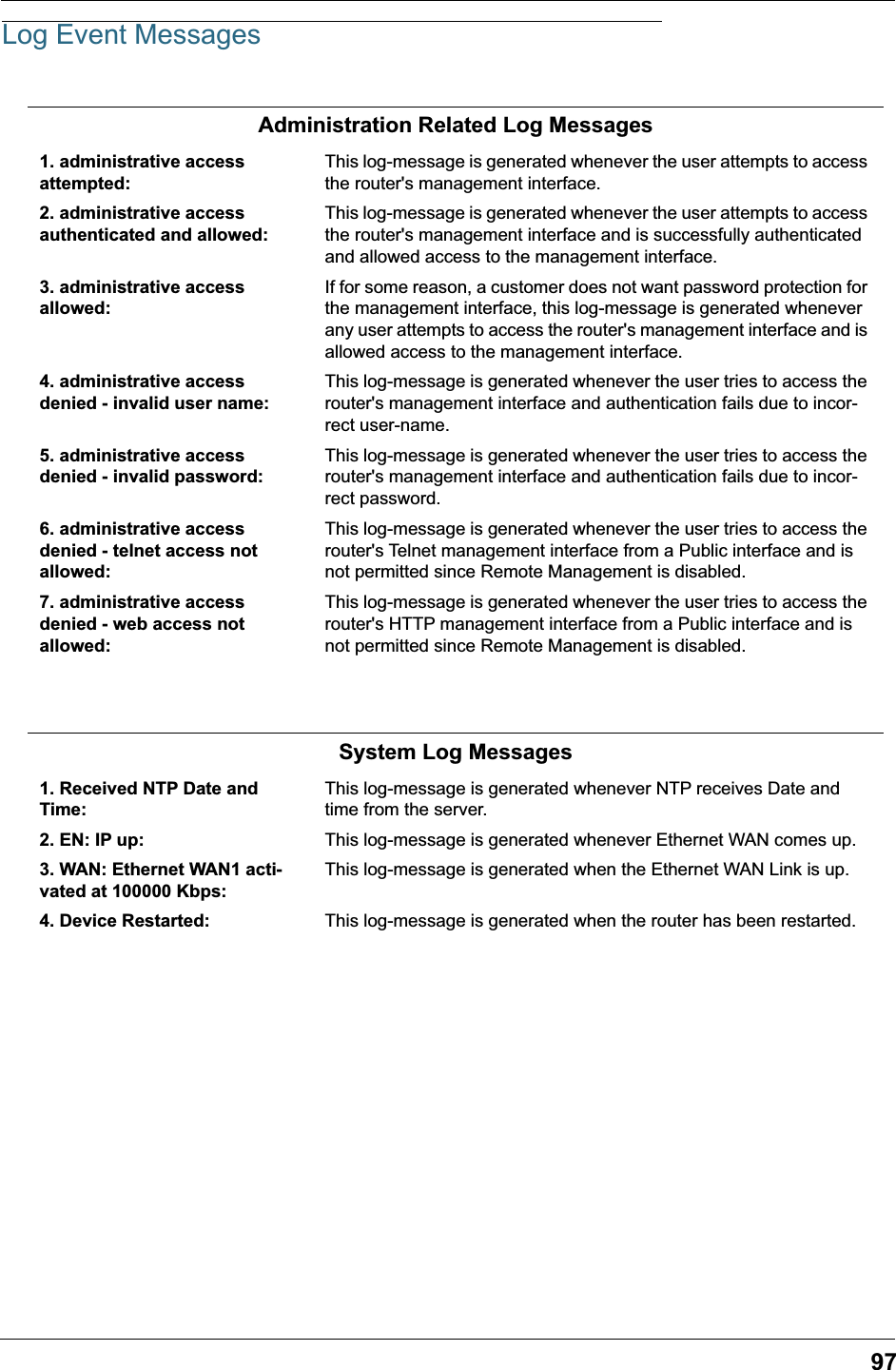 97Log Event MessagesAdministration Related Log Messages1. administrative access attempted:This log-message is generated whenever the user attempts to access the router's management interface.2. administrative access authenticated and allowed:This log-message is generated whenever the user attempts to access the router's management interface and is successfully authenticated and allowed access to the management interface.3. administrative access allowed:If for some reason, a customer does not want password protection for the management interface, this log-message is generated whenever any user attempts to access the router's management interface and is allowed access to the management interface.4. administrative access denied - invalid user name:This log-message is generated whenever the user tries to access the router's management interface and authentication fails due to incor-rect user-name.5. administrative access denied - invalid password:This log-message is generated whenever the user tries to access the router's management interface and authentication fails due to incor-rect password.6. administrative access denied - telnet access not allowed:This log-message is generated whenever the user tries to access the router's Telnet management interface from a Public interface and is not permitted since Remote Management is disabled.7. administrative access denied - web access not allowed:This log-message is generated whenever the user tries to access the router's HTTP management interface from a Public interface and is not permitted since Remote Management is disabled.System Log Messages1. Received NTP Date and Time:This log-message is generated whenever NTP receives Date and time from the server.2. EN: IP up: This log-message is generated whenever Ethernet WAN comes up.3. WAN: Ethernet WAN1 acti-vated at 100000 Kbps:This log-message is generated when the Ethernet WAN Link is up.4. Device Restarted: This log-message is generated when the router has been restarted.