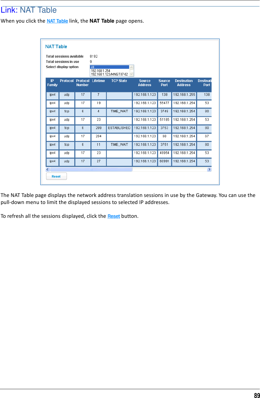 89Link: NAT TableWhen you click the NAT TableNAT TableNAT TableNAT Table link, the NAT Table page opens.The NAT Table page displays the network address translation sessions in use by the Gateway. You can use the pull-down menu to limit the displayed sessions to selected IP addresses.To refresh all the sessions displayed, click the ResetResetResetReset button.