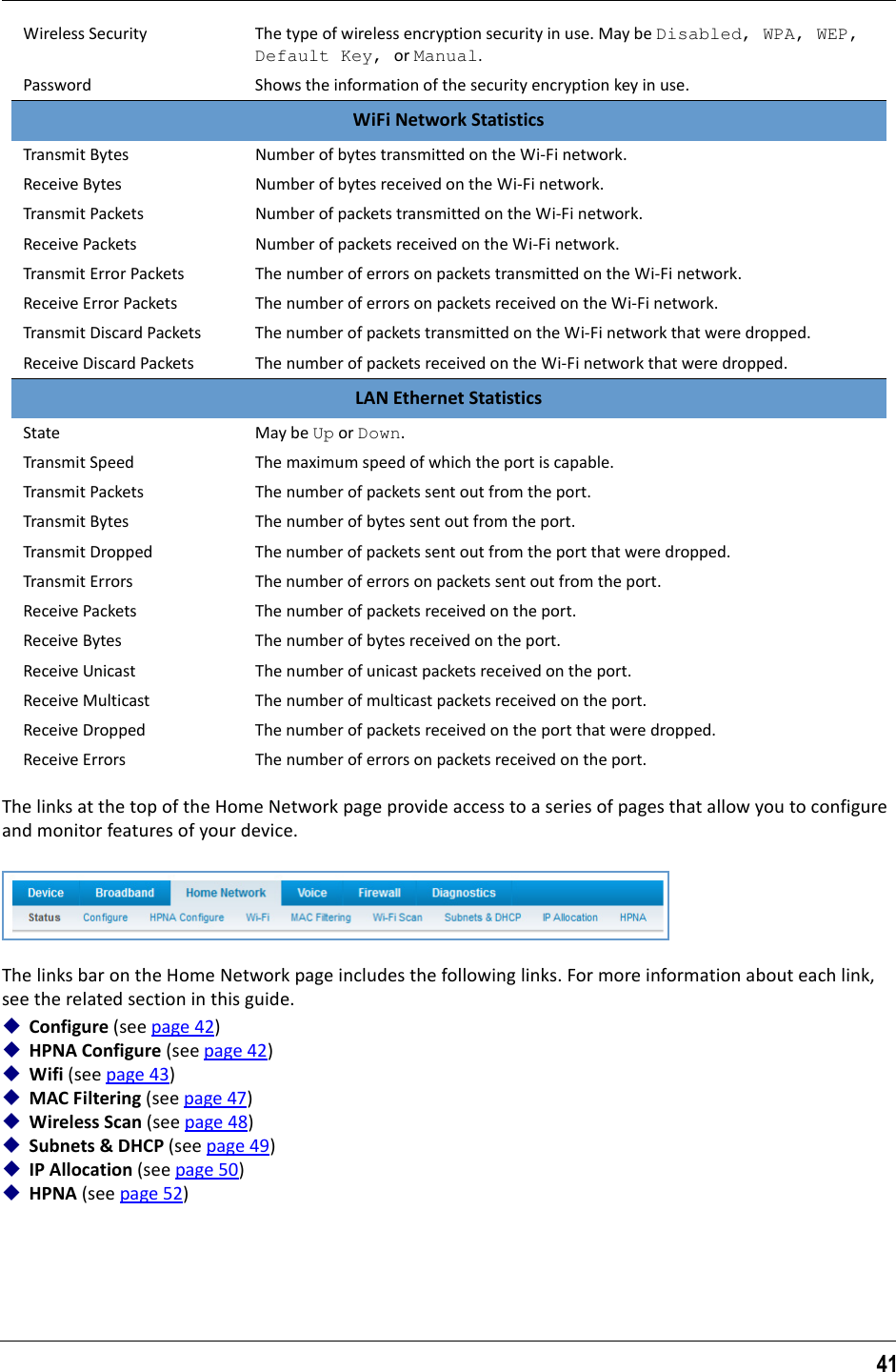 41The links at the top of the Home Network page provide access to a series of pages that allow you to configure and monitor features of your device. The links bar on the Home Network page includes the following links. For more information about each link, see the related section in this guide.Configure (see page 42)HPNA Configure (see page 42)Wifi (see page 43)MAC Filtering (see page 47)Wireless Scan (see page 48)Subnets &amp; DHCP (see page 49)IP Allocation (see page 50)HPNA (see page 52)Wireless Security The type of wireless encryption security in use. May be Disabled, WPA, WEP, Default Key, or Manual.Password Shows the information of the security encryption key in use.WiFi Network StatisticsTransmit Bytes Number of bytes transmitted on the Wi-Fi network.Receive Bytes Number of bytes received on the Wi-Fi network.Transmit Packets Number of packets transmitted on the Wi-Fi network.Receive Packets Number of packets received on the Wi-Fi network.Transmit Error Packets The number of errors on packets transmitted on the Wi-Fi network.Receive Error Packets The number of errors on packets received on the Wi-Fi network.Transmit Discard Packets The number of packets transmitted on the Wi-Fi network that were dropped.Receive Discard Packets The number of packets received on the Wi-Fi network that were dropped.LAN Ethernet StatisticsState May be Up or Down.Transmit Speed The maximum speed of which the port is capable.Transmit Packets The number of packets sent out from the port.Transmit Bytes The number of bytes sent out from the port.Transmit Dropped The number of packets sent out from the port that were dropped.Transmit Errors The number of errors on packets sent out from the port.Receive Packets The number of packets received on the port.Receive Bytes The number of bytes received on the port.Receive Unicast The number of unicast packets received on the port.Receive Multicast The number of multicast packets received on the port.Receive Dropped The number of packets received on the port that were dropped.Receive Errors The number of errors on packets received on the port.