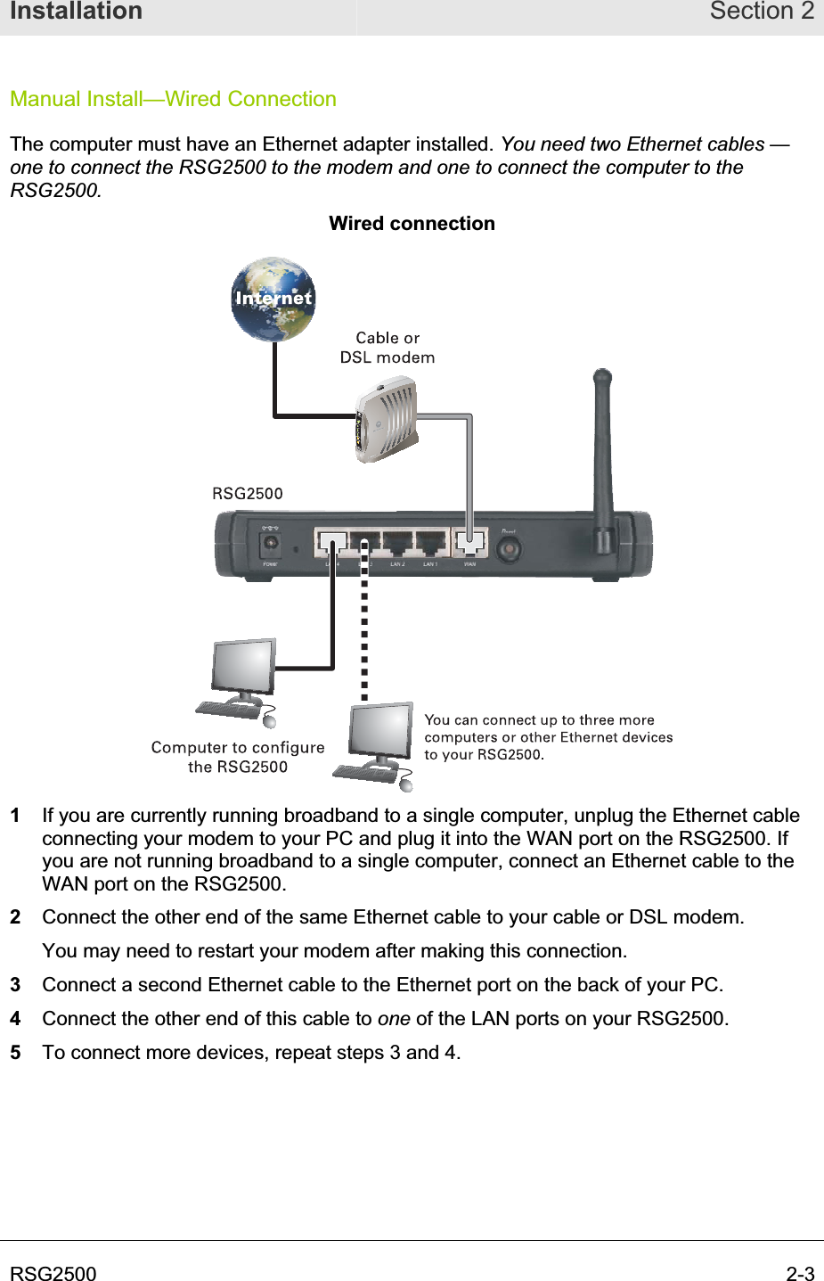 Installation Section 2RSG2500  2-3Manual Install—Wired Connection The computer must have an Ethernet adapter installed. You need two Ethernet cables — one to connect the RSG2500 to the modem and one to connect the computer to the RSG2500.Wired connection 1If you are currently running broadband to a single computer, unplug the Ethernet cable connecting your modem to your PC and plug it into the WAN port on the RSG2500. If you are not running broadband to a single computer, connect an Ethernet cable to the WAN port on the RSG2500. 2Connect the other end of the same Ethernet cable to your cable or DSL modem.    You may need to restart your modem after making this connection. 3Connect a second Ethernet cable to the Ethernet port on the back of your PC. 4Connect the other end of this cable to one of the LAN ports on your RSG2500. 5To connect more devices, repeat steps 3 and 4.  