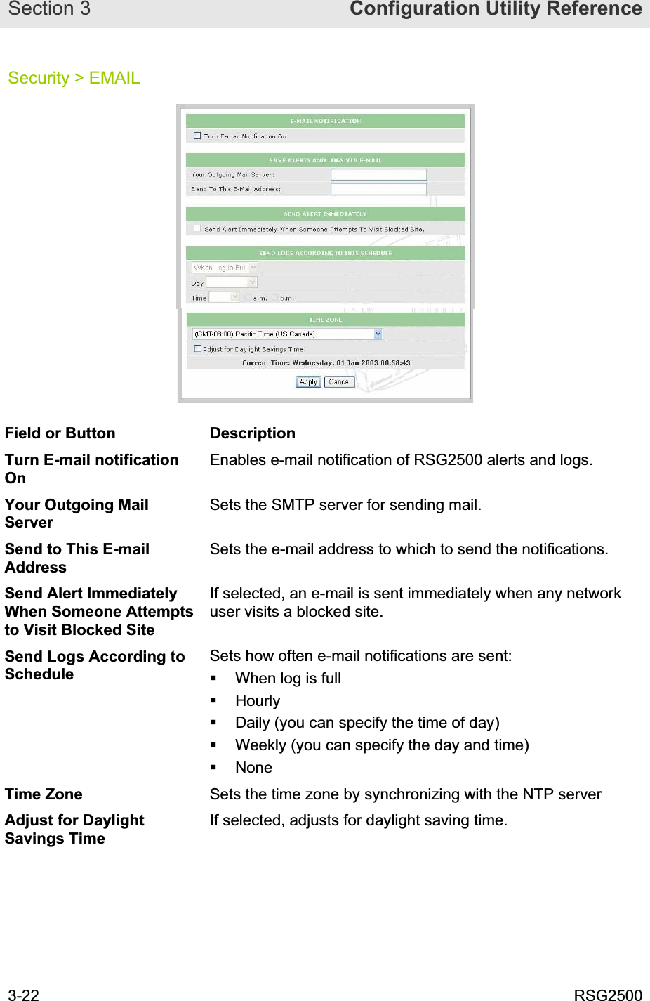 Section 3  Configuration Utility Reference3-22  RSG2500Security &gt; EMAIL Field or Button  Description Turn E-mail notification OnEnables e-mail notification of RSG2500 alerts and logs.  Your Outgoing Mail ServerSets the SMTP server for sending mail.Send to This E-mail AddressSets the e-mail address to which to send the notifications. Send Alert Immediately When Someone Attempts to Visit Blocked Site If selected, an e-mail is sent immediately when any network user visits a blocked site. Send Logs According to ScheduleSets how often e-mail notifications are sent:   When log is full  Hourly   Daily (you can specify the time of day)   Weekly (you can specify the day and time)  None Time Zone  Sets the time zone by synchronizing with the NTP server Adjust for Daylight Savings Time If selected, adjusts for daylight saving time. 
