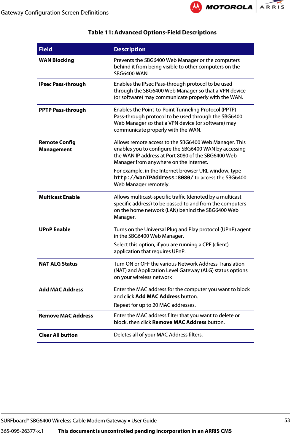 Gateway Configuration Screen Definitions   SURFboard® SBG6400 Wireless Cable Modem Gateway • User Guide 53 365-095-26377-x.1            This document is uncontrolled pending incorporation in an ARRIS CMS  Table 11: Advanced Options-Field Descriptions Field Description WAN Blocking Prevents the SBG6400 Web Manager or the computers behind it from being visible to other computers on the SBG6400 WAN. IPsec Pass-through Enables the IPsec Pass-through protocol to be used through the SBG6400 Web Manager so that a VPN device (or software) may communicate properly with the WAN. PPTP Pass-through Enables the Point-to-Point Tunneling Protocol (PPTP)  Pass-through protocol to be used through the SBG6400 Web Manager so that a VPN device (or software) may communicate properly with the WAN. Remote Config  Management Allows remote access to the SBG6400 Web Manager. This enables you to configure the SBG6400 WAN by accessing the WAN IP address at Port 8080 of the SBG6400 Web Manager from anywhere on the Internet. For example, in the Internet browser URL window, type http://WanIPAddress:8080/ to access the SBG6400 Web Manager remotely. Multicast Enable Allows multicast-specific traffic (denoted by a multicast specific address) to be passed to and from the computers on the home network (LAN) behind the SBG6400 Web Manager. UPnP Enable Turns on the Universal Plug and Play protocol (UPnP) agent in the SBG6400 Web Manager. Select this option, if you are running a CPE (client) application that requires UPnP. NAT ALG Status Turn ON or OFF the various Network Address Translation (NAT) and Application Level Gateway (ALG) status options on your wireless network Add MAC Address Enter the MAC address for the computer you want to block and click Add MAC Address button. Repeat for up to 20 MAC addresses. Remove MAC Address Enter the MAC address filter that you want to delete or block, then click Remove MAC Address button. Clear All button Deletes all of your MAC Address filters. 