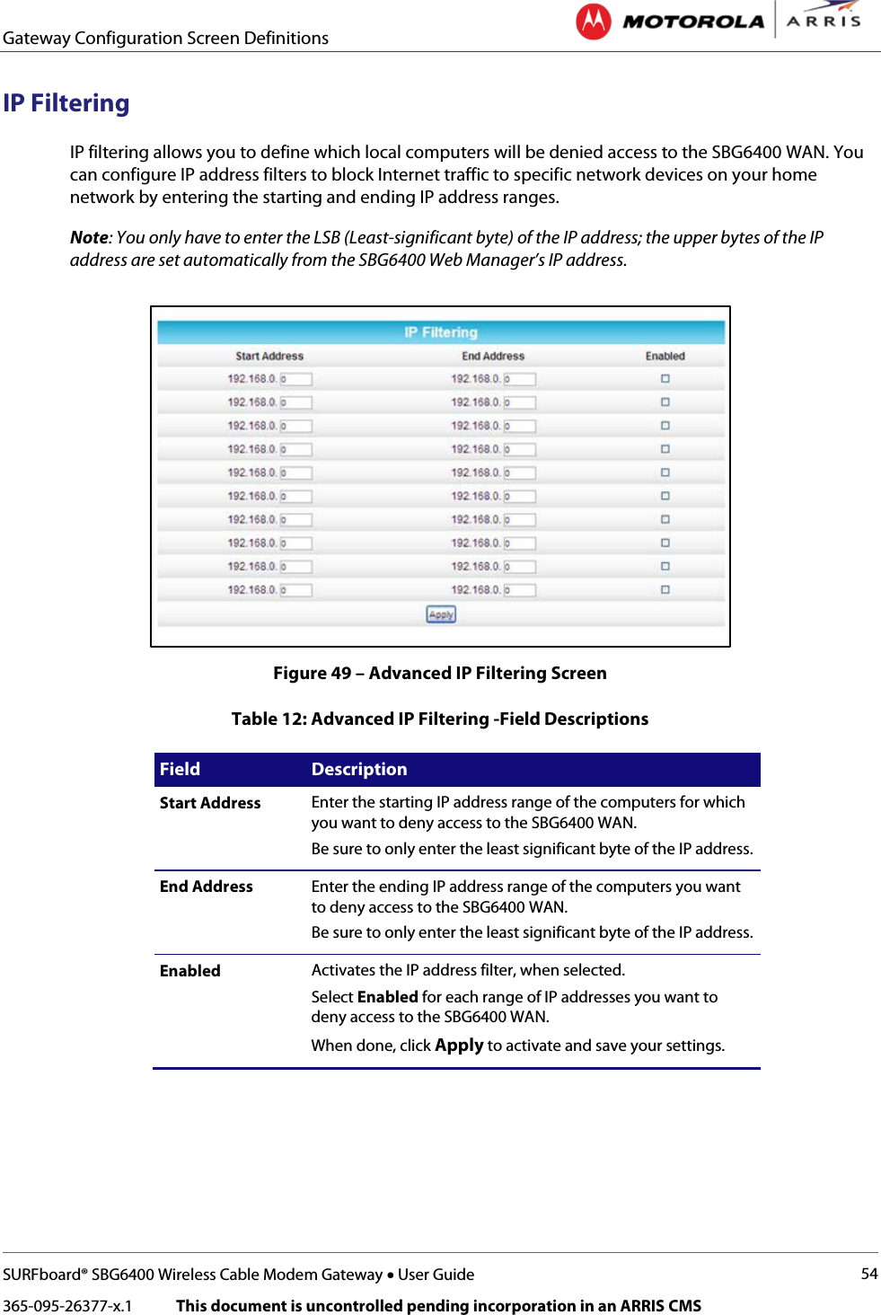 Gateway Configuration Screen Definitions   SURFboard® SBG6400 Wireless Cable Modem Gateway • User Guide 54 365-095-26377-x.1            This document is uncontrolled pending incorporation in an ARRIS CMS  IP Filtering IP filtering allows you to define which local computers will be denied access to the SBG6400 WAN. You can configure IP address filters to block Internet traffic to specific network devices on your home network by entering the starting and ending IP address ranges.  Note: You only have to enter the LSB (Least-significant byte) of the IP address; the upper bytes of the IP address are set automatically from the SBG6400 Web Manager’s IP address.  Figure 49 – Advanced IP Filtering Screen Table 12: Advanced IP Filtering -Field Descriptions Field Description Start Address Enter the starting IP address range of the computers for which you want to deny access to the SBG6400 WAN.  Be sure to only enter the least significant byte of the IP address. End Address Enter the ending IP address range of the computers you want to deny access to the SBG6400 WAN.  Be sure to only enter the least significant byte of the IP address. Enabled Activates the IP address filter, when selected. Select Enabled for each range of IP addresses you want to deny access to the SBG6400 WAN. When done, click Apply to activate and save your settings.  