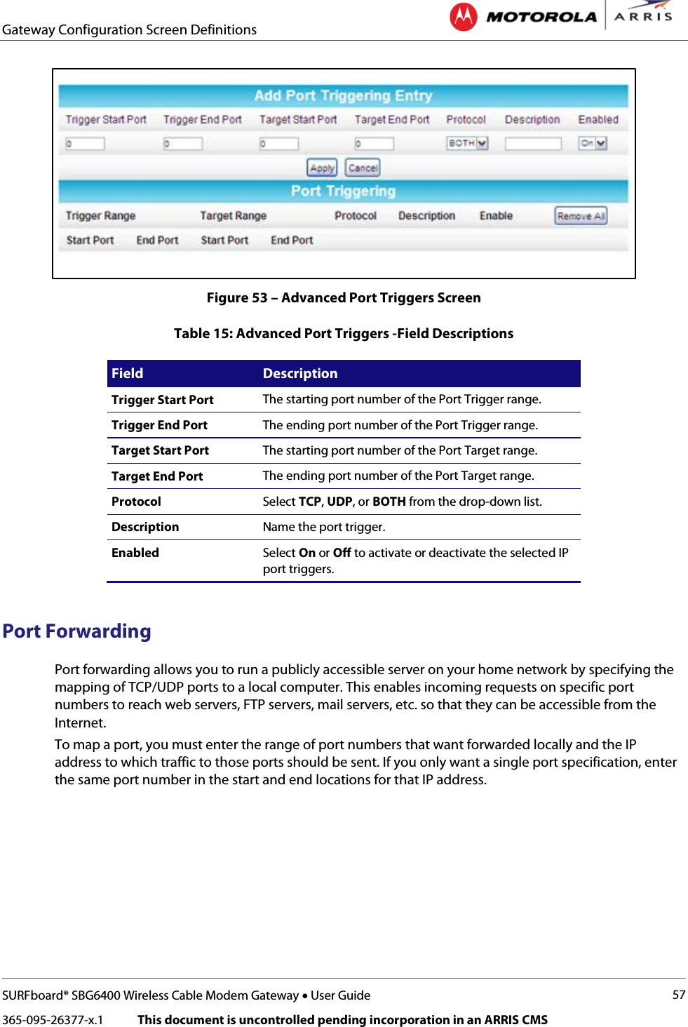 Gateway Configuration Screen Definitions   SURFboard® SBG6400 Wireless Cable Modem Gateway • User Guide 57 365-095-26377-x.1            This document is uncontrolled pending incorporation in an ARRIS CMS   Figure 53 – Advanced Port Triggers Screen Table 15: Advanced Port Triggers -Field Descriptions Field Description Trigger Start Port The starting port number of the Port Trigger range. Trigger End Port The ending port number of the Port Trigger range. Target Start Port The starting port number of the Port Target range. Target End Port The ending port number of the Port Target range. Protocol Select TCP, UDP, or BOTH from the drop-down list. Description Name the port trigger. Enabled Select On or Off to activate or deactivate the selected IP port triggers.  Port Forwarding Port forwarding allows you to run a publicly accessible server on your home network by specifying the mapping of TCP/UDP ports to a local computer. This enables incoming requests on specific port numbers to reach web servers, FTP servers, mail servers, etc. so that they can be accessible from the Internet. To map a port, you must enter the range of port numbers that want forwarded locally and the IP address to which traffic to those ports should be sent. If you only want a single port specification, enter the same port number in the start and end locations for that IP address. 