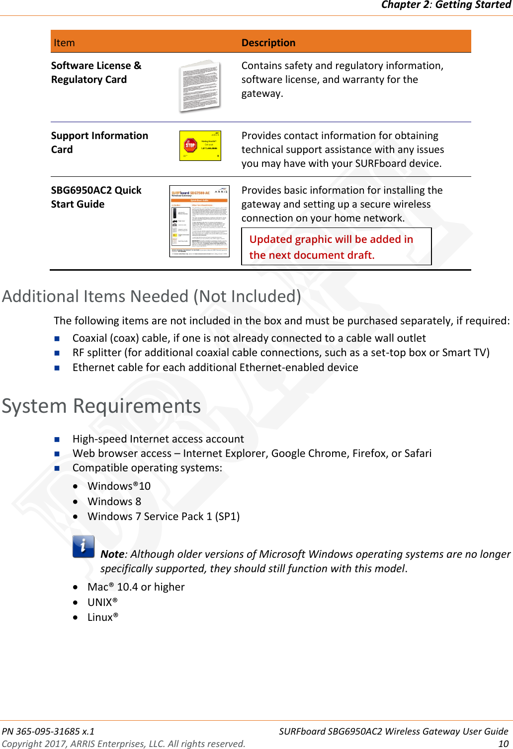 Chapter 2: Getting Started  PN 365-095-31685 x.1 SURFboard SBG6950AC2 Wireless Gateway User Guide Copyright 2017, ARRIS Enterprises, LLC. All rights reserved. 10   Item  Description  Blinking On (Solid) Software License &amp; Regulatory Card  Contains safety and regulatory information, software license, and warranty for the gateway. Support Information Card  Provides contact information for obtaining technical support assistance with any issues you may have with your SURFboard device. SBG6950AC2 Quick Start Guide  Provides basic information for installing the gateway and setting up a secure wireless connection on your home network.   Additional Items Needed (Not Included) The following items are not included in the box and must be purchased separately, if required:  Coaxial (coax) cable, if one is not already connected to a cable wall outlet  RF splitter (for additional coaxial cable connections, such as a set-top box or Smart TV)  Ethernet cable for each additional Ethernet-enabled device   System Requirements  High-speed Internet access account  Web browser access – Internet Explorer, Google Chrome, Firefox, or Safari  Compatible operating systems:  Windows®10  Windows 8  Windows 7 Service Pack 1 (SP1)    Note: Although older versions of Microsoft Windows operating systems are no longer specifically supported, they should still function with this model.  Mac® 10.4 or higher  UNIX®  Linux®   Updated graphic will be added in the next document draft. DRAFT