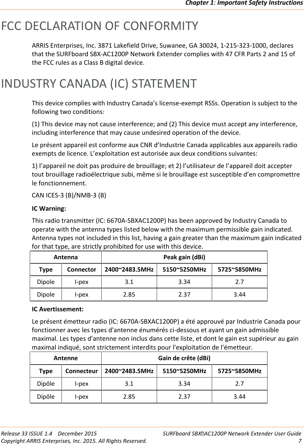 Chapter 1: Important Safety Instructions  Release 33 ISSUE 1.4    December 2015 SURFboard SBXAC1200P Network Extender User Guide Copyright ARRIS Enterprises, Inc. 2015. All Rights Reserved.  7  FCC DECLARATION OF CONFORMITY ARRIS Enterprises, Inc. 3871 Lakefield Drive, Suwanee, GA 30024, 1-215-323-1000, declares that the SURFboard SBX-AC1200P Network Extender complies with 47 CFR Parts 2 and 15 of the FCC rules as a Class B digital device.   INDUSTRY CANADA (IC) STATEMENT This device complies with Industry Canada&rsquo;s license-exempt RSSs. Operation is subject to the following two conditions:  (1) This device may not cause interference; and (2) This device must accept any interference, including interference that may cause undesired operation of the device.  Le pr&eacute;sent appareil est conforme aux CNR d&rsquo;Industrie Canada applicables aux appareils radio exempts de licence. L&rsquo;exploitation est autoris&eacute;e aux deux conditions suivantes:  1) l&rsquo;appareil ne doit pas produire de brouillage; et 2) l&rsquo;utilisateur de l&rsquo;appareil doit accepter tout brouillage radio&eacute;lectrique subi, m&ecirc;me si le brouillage est susceptible d&rsquo;en compromettre le fonctionnement.  CAN ICES-3 (B)/NMB-3 (B)   IC Warning: This radio transmitter (IC: 6670A-SBXAC1200P) has been approved by Industry Canada to operate with the antenna types listed below with the maximum permissible gain indicated. Antenna types not included in this list, having a gain greater than the maximum gain indicated for that type, are strictly prohibited for use with this device.  Antenna Peak gain (dBi) Type  Connector 2400~2483.5MHz 5150~5250MHz 5725~5850MHz Dipole  I-pex 3.1 3.34 2.7 Dipole  I-pex 2.85 2.37 3.44 IC Avertissement: Le pr&eacute;sent &eacute;metteur radio (IC: 6670A-SBXAC1200P) a &eacute;t&eacute; approuv&eacute; par Industrie Canada pour fonctionner avec les types d'antenne &eacute;num&eacute;r&eacute;s ci-dessous et ayant un gain admissible maximal. Les types d'antenne non inclus dans cette liste, et dont le gain est sup&eacute;rieur au gain maximal indiqu&eacute;, sont strictement interdits pour l'exploitation de l'&eacute;metteur. Antenne Gain de cr&ecirc;te (dBi) Type  Connecteur 2400~2483.5MHz 5150~5250MHz 5725~5850MHz Dip&ocirc;le  I-pex 3.1 3.34 2.7 Dip&ocirc;le  I-pex 2.85 2.37 3.44    