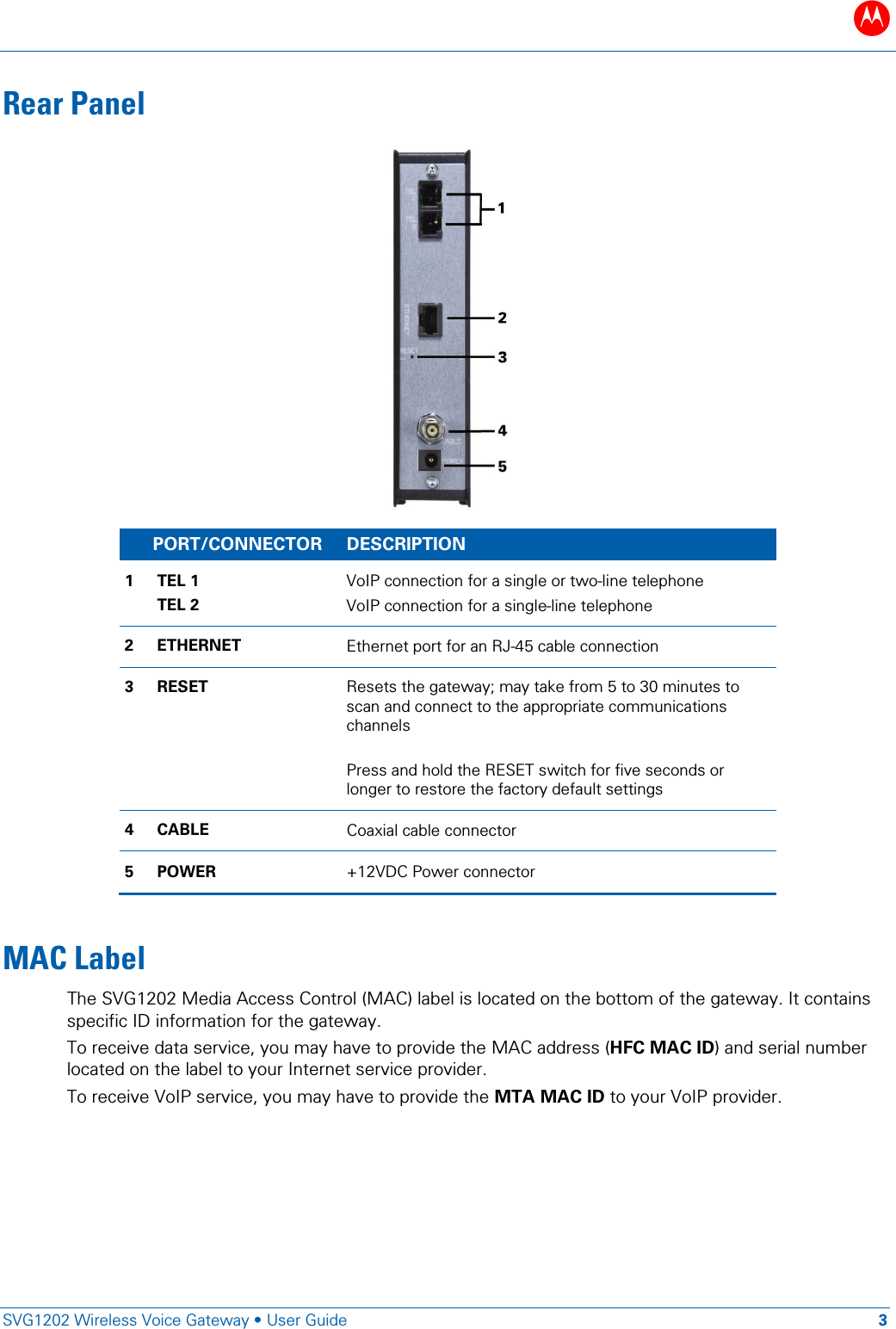 B   SVG1202 Wireless Voice Gateway &bull; User Guide 3  Rear Panel     PORT/CONNECTOR DESCRIPTION 1 TEL 1 TEL 2 VoIP connection for a single or two-line telephone VoIP connection for a single-line telephone 2  ETHERNET Ethernet port for an RJ-45 cable connection 3  RESET  Resets the gateway; may take from 5 to 30 minutes to scan and connect to the appropriate communications channels  Press and hold the RESET switch for five seconds or longer to restore the factory default settings 4  CABLE Coaxial cable connector 5  POWER +12VDC Power connector  MAC Label The SVG1202 Media Access Control (MAC) label is located on the bottom of the gateway. It contains specific ID information for the gateway.  To receive data service, you may have to provide the MAC address (HFC MAC ID) and serial number located on the label to your Internet service provider. To receive VoIP service, you may have to provide the MTA MAC ID to your VoIP provider.   