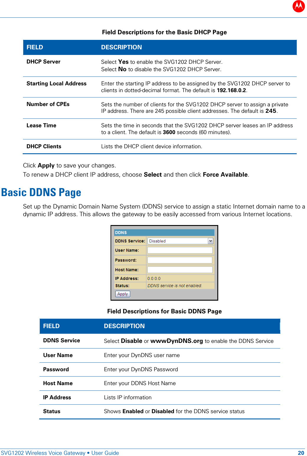 B   SVG1202 Wireless Voice Gateway &bull; User Guide 20  Field Descriptions for the Basic DHCP Page FIELD  DESCRIPTION DHCP Server Select Yes to enable the SVG1202 DHCP Server. Select No to disable the SVG1202 DHCP Server.  Starting Local Address Enter the starting IP address to be assigned by the SVG1202 DHCP server to clients in dotted-decimal format. The default is 192.168.0.2. Number of CPEs Sets the number of clients for the SVG1202 DHCP server to assign a private IP address. There are 245 possible client addresses. The default is 245. Lease Time Sets the time in seconds that the SVG1202 DHCP server leases an IP address to a client. The default is 3600 seconds (60 minutes). DHCP Clients Lists the DHCP client device information.  Click Apply to save your changes. To renew a DHCP client IP address, choose Select and then click Force Available. Basic DDNS Page Set up the Dynamic Domain Name System (DDNS) service to assign a static Internet domain name to a dynamic IP address. This allows the gateway to be easily accessed from various Internet locations.  Field Descriptions for Basic DDNS Page FIELD  DESCRIPTION DDNS Service Select Disable or wwwDynDNS.org to enable the DDNS Service User Name Enter your DynDNS user name Password Enter your DynDNS Password Host Name Enter your DDNS Host Name IP Address Lists IP information Status Shows Enabled or Disabled for the DDNS service status 