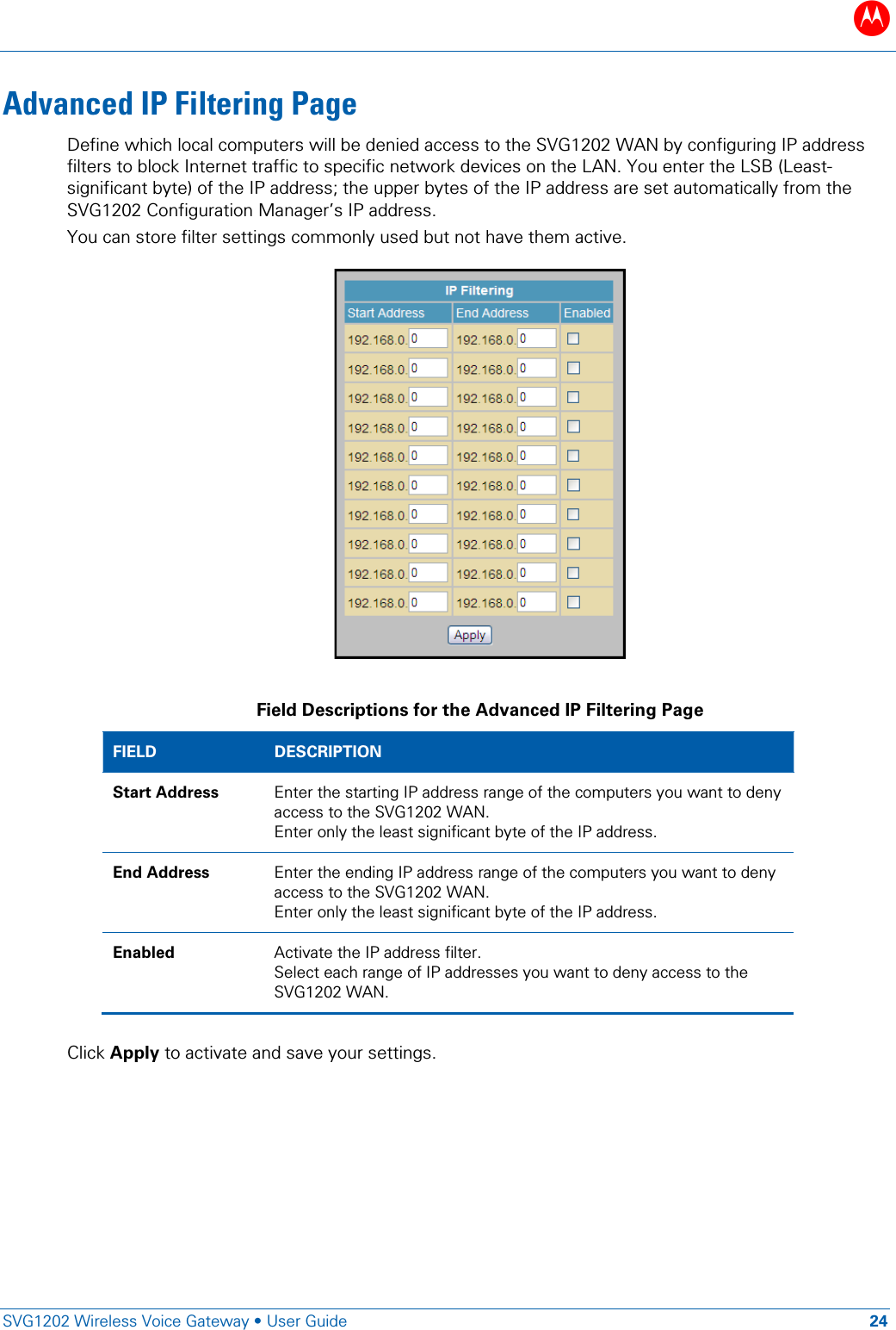 B   SVG1202 Wireless Voice Gateway &bull; User Guide 24  Advanced IP Filtering Page Define which local computers will be denied access to the SVG1202 WAN by configuring IP address filters to block Internet traffic to specific network devices on the LAN. You enter the LSB (Least-significant byte) of the IP address; the upper bytes of the IP address are set automatically from the SVG1202 Configuration Manager&rsquo;s IP address. You can store filter settings commonly used but not have them active.   Field Descriptions for the Advanced IP Filtering Page FIELD  DESCRIPTION Start Address Enter the starting IP address range of the computers you want to deny access to the SVG1202 WAN.  Enter only the least significant byte of the IP address. End Address Enter the ending IP address range of the computers you want to deny access to the SVG1202 WAN.  Enter only the least significant byte of the IP address. Enabled Activate the IP address filter. Select each range of IP addresses you want to deny access to the SVG1202 WAN.  Click Apply to activate and save your settings. 