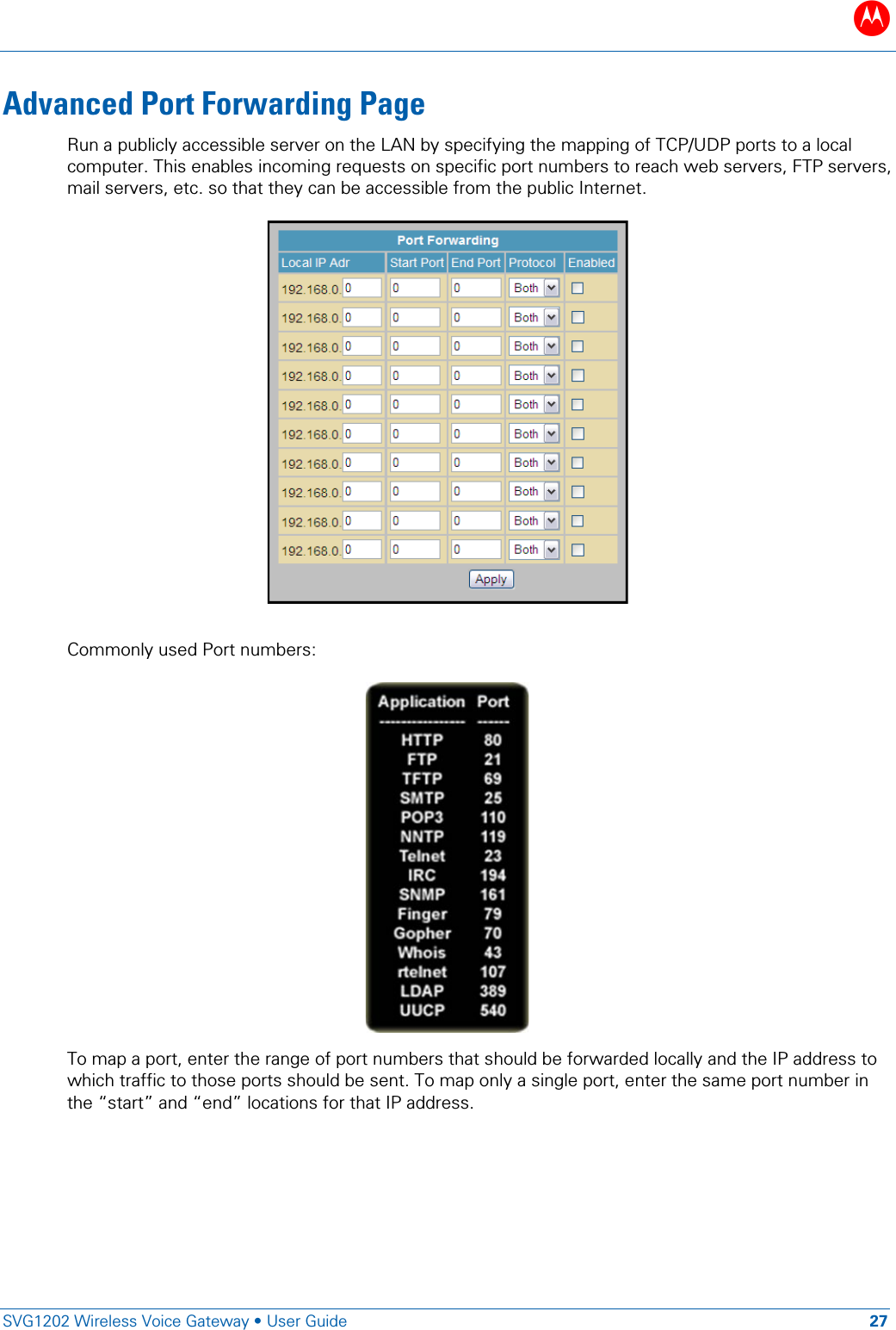 B   SVG1202 Wireless Voice Gateway &bull; User Guide 27  Advanced Port Forwarding Page Run a publicly accessible server on the LAN by specifying the mapping of TCP/UDP ports to a local computer. This enables incoming requests on specific port numbers to reach web servers, FTP servers, mail servers, etc. so that they can be accessible from the public Internet.   Commonly used Port numbers:   To map a port, enter the range of port numbers that should be forwarded locally and the IP address to which traffic to those ports should be sent. To map only a single port, enter the same port number in the &ldquo;start&rdquo; and &ldquo;end&rdquo; locations for that IP address. 