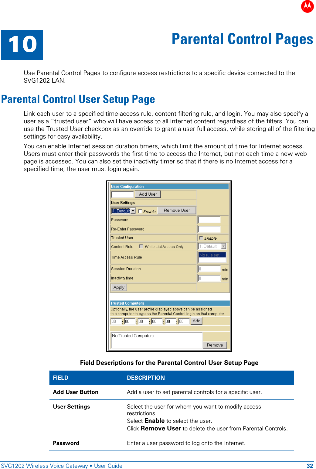 B   SVG1202 Wireless Voice Gateway &bull; User Guide 32  10 Parental Control Pages  Use Parental Control Pages to configure access restrictions to a specific device connected to the SVG1202 LAN. Parental Control User Setup Page Link each user to a specified time-access rule, content filtering rule, and login. You may also specify a user as a &ldquo;trusted user&rdquo; who will have access to all Internet content regardless of the filters. You can use the Trusted User checkbox as an override to grant a user full access, while storing all of the filtering settings for easy availability. You can enable Internet session duration timers, which limit the amount of time for Internet access. Users must enter their passwords the first time to access the Internet, but not each time a new web page is accessed. You can also set the inactivity timer so that if there is no Internet access for a specified time, the user must login again.  Field Descriptions for the Parental Control User Setup Page FIELD  DESCRIPTION Add User Button Add a user to set parental controls for a specific user. User Settings Select the user for whom you want to modify access restrictions. Select Enable to select the user. Click Remove User to delete the user from Parental Controls.  Password Enter a user password to log onto the Internet. 