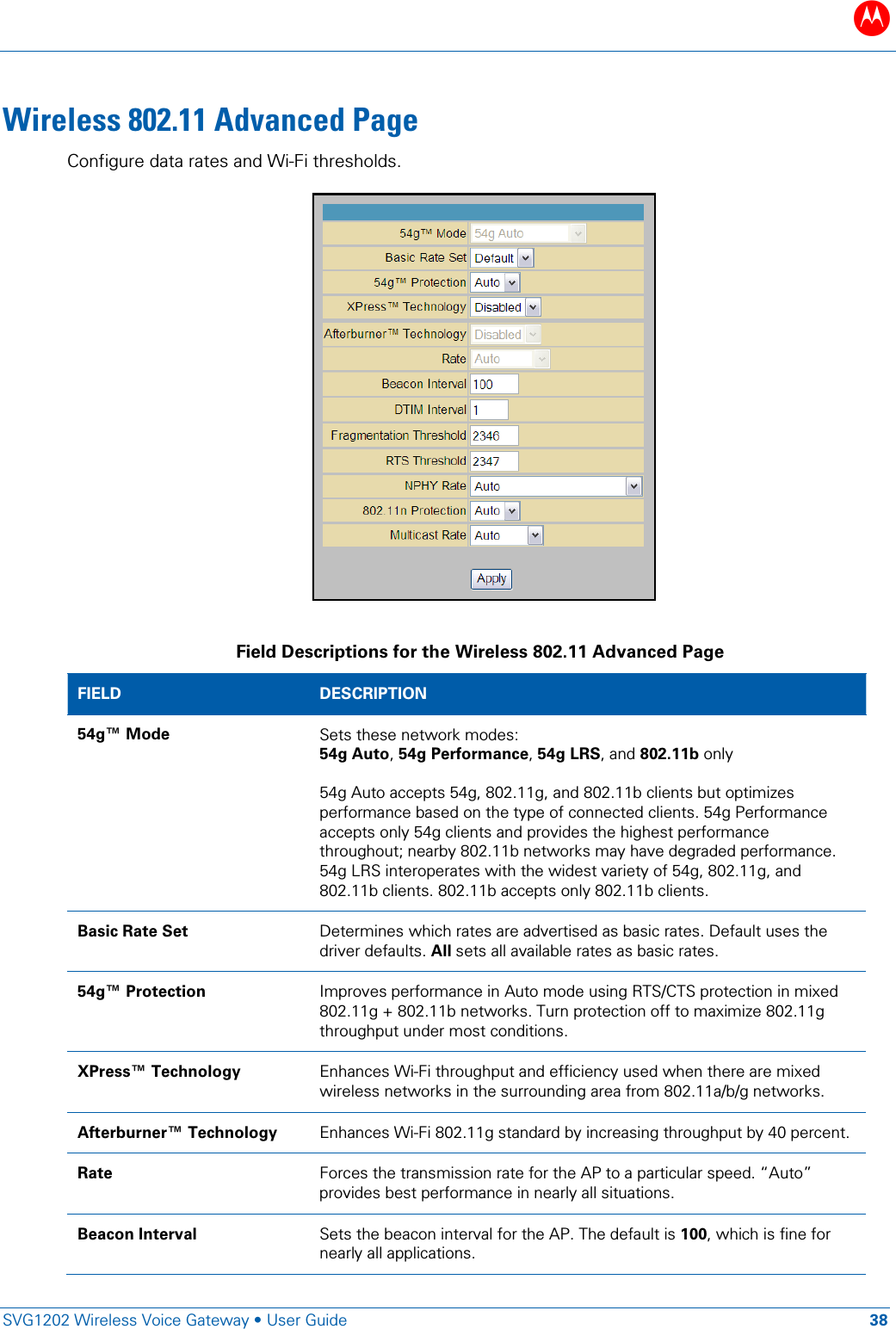 B   SVG1202 Wireless Voice Gateway &bull; User Guide 38  Wireless 802.11 Advanced Page Configure data rates and Wi-Fi thresholds.      Field Descriptions for the Wireless 802.11 Advanced Page FIELD  DESCRIPTION 54g&trade; Mode Sets these network modes:  54g Auto, 54g Performance, 54g LRS, and 802.11b only  54g Auto accepts 54g, 802.11g, and 802.11b clients but optimizes performance based on the type of connected clients. 54g Performance accepts only 54g clients and provides the highest performance throughout; nearby 802.11b networks may have degraded performance. 54g LRS interoperates with the widest variety of 54g, 802.11g, and 802.11b clients. 802.11b accepts only 802.11b clients. Basic Rate Set Determines which rates are advertised as basic rates. Default uses the driver defaults. All sets all available rates as basic rates. 54g&trade; Protection Improves performance in Auto mode using RTS/CTS protection in mixed 802.11g + 802.11b networks. Turn protection off to maximize 802.11g throughput under most conditions. XPress&trade; Technology Enhances Wi-Fi throughput and efficiency used when there are mixed wireless networks in the surrounding area from 802.11a/b/g networks. Afterburner&trade; Technology Enhances Wi-Fi 802.11g standard by increasing throughput by 40 percent. Rate Forces the transmission rate for the AP to a particular speed. &ldquo;Auto&rdquo; provides best performance in nearly all situations. Beacon Interval Sets the beacon interval for the AP. The default is 100, which is fine for nearly all applications. 