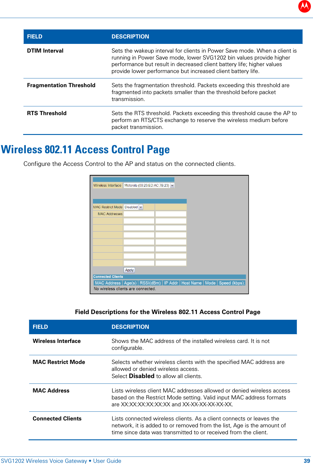B   SVG1202 Wireless Voice Gateway &bull; User Guide 39  FIELD  DESCRIPTION DTIM Interval Sets the wakeup interval for clients in Power Save mode. When a client is running in Power Save mode, lower SVG1202 bin values provide higher performance but result in decreased client battery life; higher values provide lower performance but increased client battery life. Fragmentation Threshold Sets the fragmentation threshold. Packets exceeding this threshold are fragmented into packets smaller than the threshold before packet transmission. RTS Threshold Sets the RTS threshold. Packets exceeding this threshold cause the AP to perform an RTS/CTS exchange to reserve the wireless medium before packet transmission. Wireless 802.11 Access Control Page Configure the Access Control to the AP and status on the connected clients.      Field Descriptions for the Wireless 802.11 Access Control Page FIELD  DESCRIPTION Wireless Interface Shows the MAC address of the installed wireless card. It is not configurable. MAC Restrict Mode Selects whether wireless clients with the specified MAC address are allowed or denied wireless access. Select Disabled to allow all clients. MAC Address Lists wireless client MAC addresses allowed or denied wireless access based on the Restrict Mode setting. Valid input MAC address formats are XX:XX:XX:XX:XX:XX and XX-XX-XX-XX-XX-XX.  Connected Clients Lists connected wireless clients. As a client connects or leaves the network, it is added to or removed from the list, Age is the amount of time since data was transmitted to or received from the client. 