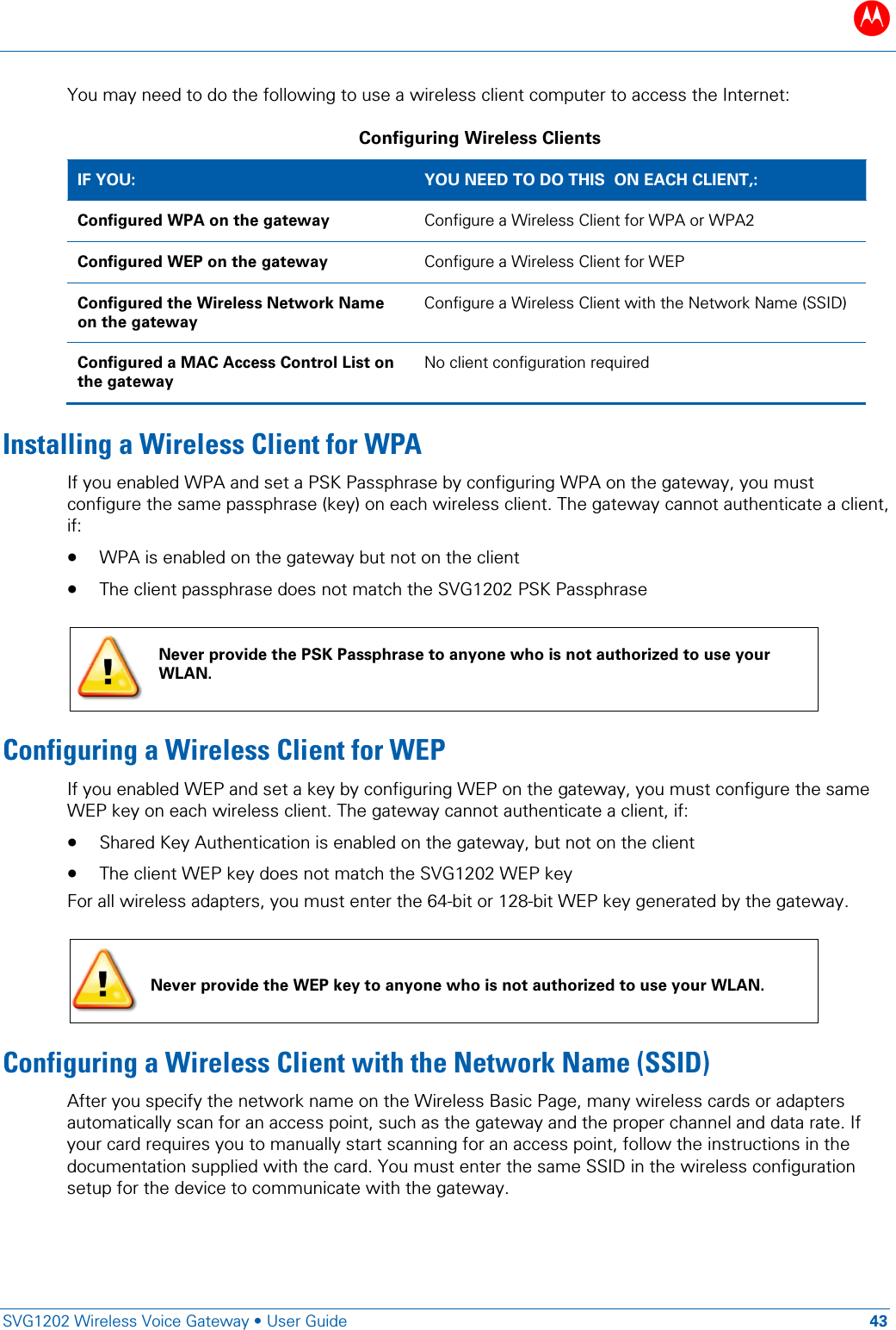 B   SVG1202 Wireless Voice Gateway &bull; User Guide 43  You may need to do the following to use a wireless client computer to access the Internet: Configuring Wireless Clients IF YOU:  YOU NEED TO DO THIS  ON EACH CLIENT,: Configured WPA on the gateway Configure a Wireless Client for WPA or WPA2 Configured WEP on the gateway Configure a Wireless Client for WEP Configured the Wireless Network Name on the gateway Configure a Wireless Client with the Network Name (SSID) Configured a MAC Access Control List on the gateway No client configuration required Installing a Wireless Client for WPA If you enabled WPA and set a PSK Passphrase by configuring WPA on the gateway, you must configure the same passphrase (key) on each wireless client. The gateway cannot authenticate a client, if: &bull; WPA is enabled on the gateway but not on the client &bull; The client passphrase does not match the SVG1202 PSK Passphrase   Never provide the PSK Passphrase to anyone who is not authorized to use your WLAN. Configuring a Wireless Client for WEP If you enabled WEP and set a key by configuring WEP on the gateway, you must configure the same WEP key on each wireless client. The gateway cannot authenticate a client, if: &bull; Shared Key Authentication is enabled on the gateway, but not on the client &bull; The client WEP key does not match the SVG1202 WEP key For all wireless adapters, you must enter the 64-bit or 128-bit WEP key generated by the gateway.   Never provide the WEP key to anyone who is not authorized to use your WLAN. Configuring a Wireless Client with the Network Name (SSID) After you specify the network name on the Wireless Basic Page, many wireless cards or adapters automatically scan for an access point, such as the gateway and the proper channel and data rate. If your card requires you to manually start scanning for an access point, follow the instructions in the documentation supplied with the card. You must enter the same SSID in the wireless configuration setup for the device to communicate with the gateway.   