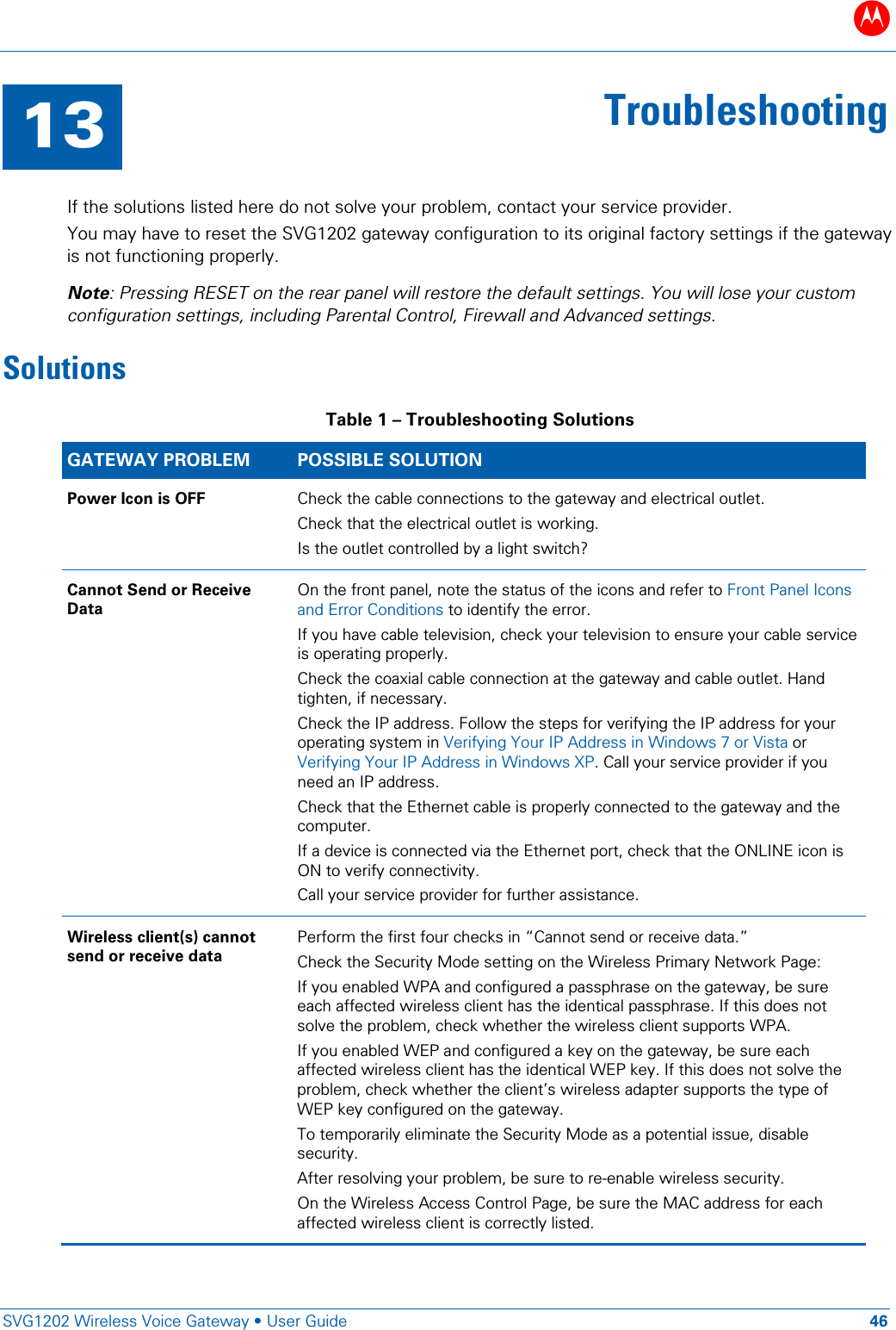 B   SVG1202 Wireless Voice Gateway &bull; User Guide 46  13 Troubleshooting  If the solutions listed here do not solve your problem, contact your service provider.  You may have to reset the SVG1202 gateway configuration to its original factory settings if the gateway is not functioning properly. Note: Pressing RESET on the rear panel will restore the default settings. You will lose your custom configuration settings, including Parental Control, Firewall and Advanced settings. Solutions Table 1 &ndash; Troubleshooting Solutions GATEWAY PROBLEM  POSSIBLE SOLUTION Power Icon is OFF Check the cable connections to the gateway and electrical outlet. Check that the electrical outlet is working. Is the outlet controlled by a light switch? Cannot Send or Receive Data On the front panel, note the status of the icons and refer to Front Panel Icons and Error Conditions to identify the error. If you have cable television, check your television to ensure your cable service is operating properly. Check the coaxial cable connection at the gateway and cable outlet. Hand tighten, if necessary. Check the IP address. Follow the steps for verifying the IP address for your operating system in Verifying Your IP Address in Windows 7 or Vista or Verifying Your IP Address in Windows XP. Call your service provider if you need an IP address. Check that the Ethernet cable is properly connected to the gateway and the computer. If a device is connected via the Ethernet port, check that the ONLINE icon is ON to verify connectivity. Call your service provider for further assistance. Wireless client(s) cannot send or receive data Perform the first four checks in &ldquo;Cannot send or receive data.&rdquo; Check the Security Mode setting on the Wireless Primary Network Page: If you enabled WPA and configured a passphrase on the gateway, be sure each affected wireless client has the identical passphrase. If this does not solve the problem, check whether the wireless client supports WPA. If you enabled WEP and configured a key on the gateway, be sure each affected wireless client has the identical WEP key. If this does not solve the problem, check whether the client&rsquo;s wireless adapter supports the type of WEP key configured on the gateway. To temporarily eliminate the Security Mode as a potential issue, disable security. After resolving your problem, be sure to re-enable wireless security. On the Wireless Access Control Page, be sure the MAC address for each affected wireless client is correctly listed.  