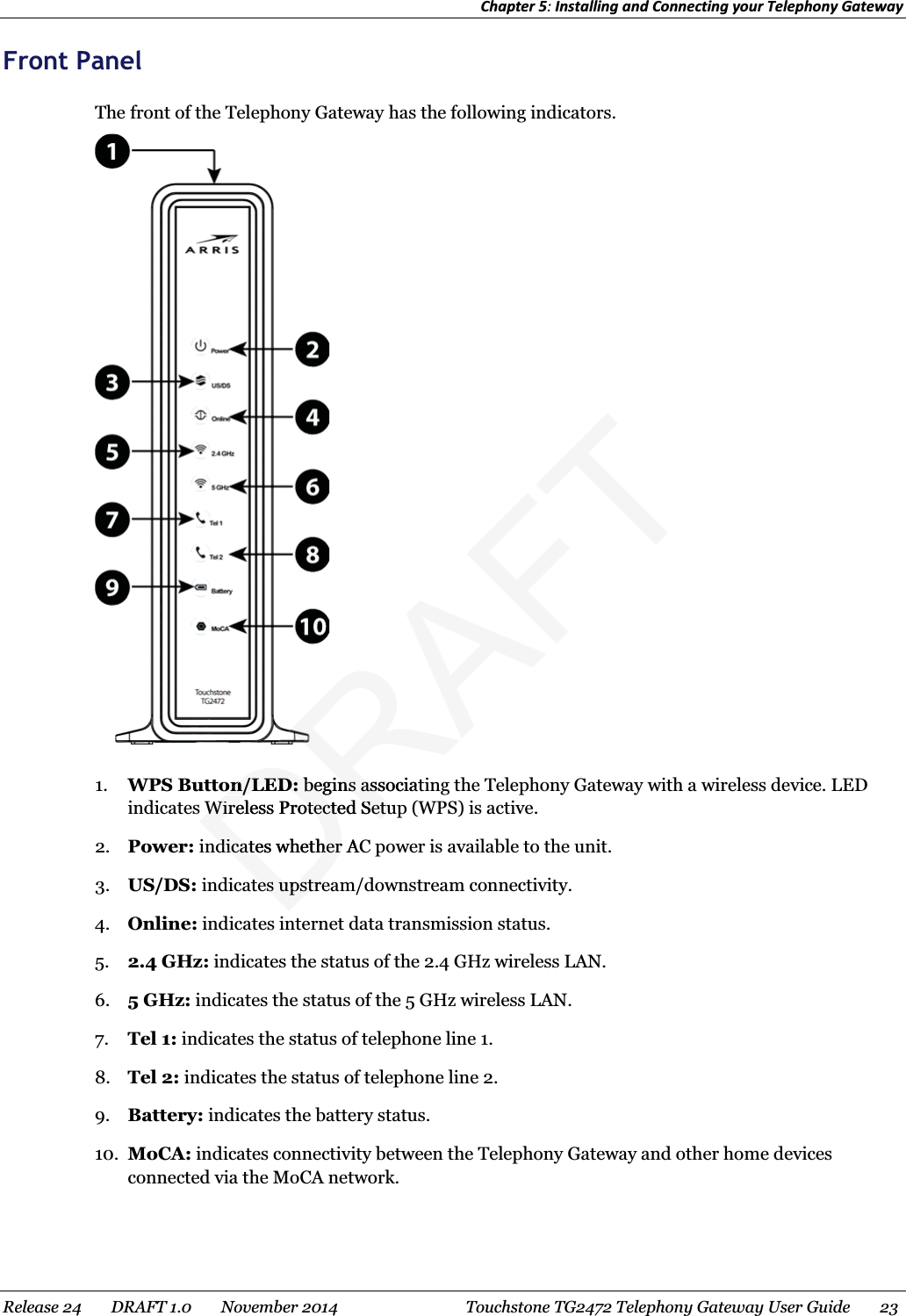 Chapter 5: Installing and Connecting your Telephony Gateway  Front Panel The front of the Telephony Gateway has the following indicators.   1. WPS Button/LED: begins associating the Telephony Gateway with a wireless device. LED indicates Wireless Protected Setup (WPS) is active. 2. Power: indicates whether AC power is available to the unit. 3. US/DS: indicates upstream/downstream connectivity. 4. Online: indicates internet data transmission status. 5. 2.4 GHz: indicates the status of the 2.4 GHz wireless LAN. 6. 5 GHz: indicates the status of the 5 GHz wireless LAN. 7. Tel 1: indicates the status of telephone line 1. 8. Tel 2: indicates the status of telephone line 2. 9. Battery: indicates the battery status. 10. MoCA: indicates connectivity between the Telephony Gateway and other home devices connected via the MoCA network.   Release 24    DRAFT 1.0    November 2014  Touchstone TG2472 Telephony Gateway User Guide    23  DRAFTon/LED:on/LED:begins associatbegins assWireless Protected SetupWireless Protected Setudicates whether ACdicates whethertes upstretes upstre