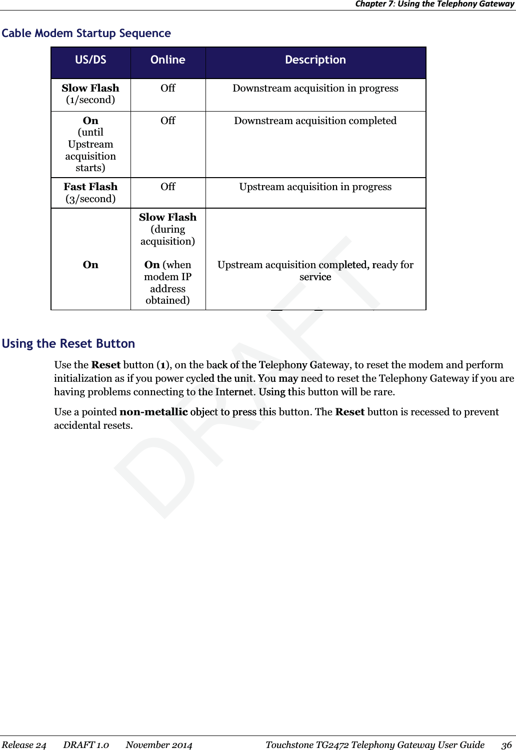 Chapter 7: Using the Telephony Gateway  Cable Modem Startup Sequence  US/DS  Online  Description Slow Flash (1/second) Off  Downstream acquisition in progress On (until Upstream acquisition starts) Off Downstream acquisition completed Fast Flash (3/second) Off  Upstream acquisition in progress     On Slow Flash (during acquisition)  On (when modem IP address obtained)     Upstream acquisition completed, ready for service    Using the Reset Button Use the Reset button (1), on the back of the Telephony Gateway, to reset the modem and perform initialization as if you power cycled the unit. You may need to reset the Telephony Gateway if you are having problems connecting to the Internet. Using this button will be rare. Use a pointed non-metallic object to press this button. The Reset button is recessed to prevent accidental resets. Release 24    DRAFT 1.0    November 2014  Touchstone TG2472 Telephony Gateway User Guide    36  DRAFTn completed, ren complserviceerviFTback of the Telephony Gatf the Telephony Gatcled the unit. You may necled the unit. You may neg to the Internet. Using tg to the Internet. Uhallicallicobject to press this ect to press thi