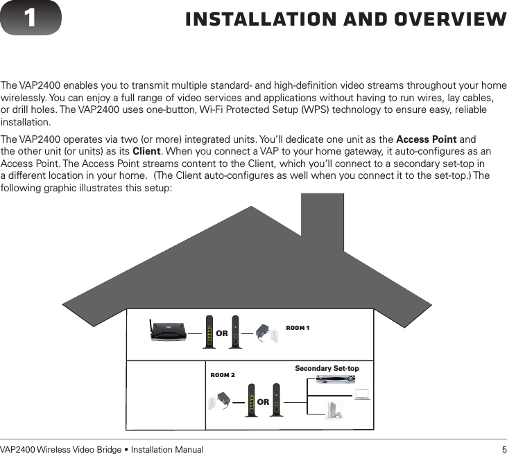 VAP2400 Wireless Video Bridge • Installation Manual   5Installation and Overview1The VAP2400 enables you to transmit multiple standard- and high-deﬁnition video streams throughout your home wirelessly. You can enjoy a full range of video services and applications without having to run wires, lay cables, or drill holes. The VAP2400 uses one-button, Wi-Fi Protected Setup (WPS) technology to ensure easy, reliable installation.The VAP2400 operates via two (or more) integrated units. You’ll dedicate one unit as the Access Point and the other unit (or units) as its Client. When you connect a VAP to your home gateway, it auto-conﬁgures as an Access Point. The Access Point streams content to the Client, which you’ll connect to a secondary set-top in a different location in your home.  (The Client auto-conﬁgures as well when you connect it to the set-top.) The following graphic illustrates this setup:Room 1ORRoom 2ORSecondary Set-top