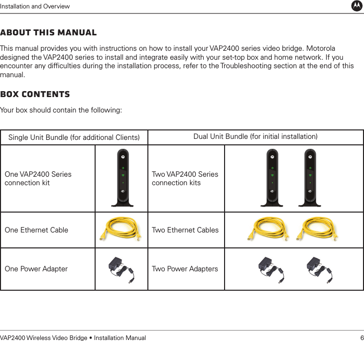 Installation and OverviewVAP2400 Wireless Video Bridge • Installation Manual   6About this ManualThis manual provides you with instructions on how to install your VAP2400 series video bridge. Motorola designed the VAP2400 series to install and integrate easily with your set-top box and home network. If you encounter any difﬁculties during the installation process, refer to the Troubleshooting section at the end of this manual.Box ContentsYour box should contain the following: Single Unit Bundle (for additional Clients) Dual Unit Bundle (for initial installation)One VAP2400 Series connection kitTwo VAP2400 Series connection kits                          One Ethernet Cable Two Ethernet Cables   One Power Adapter Two Power Adapters       