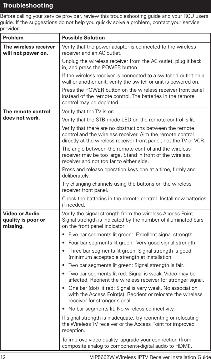 12  VIP5662W Wireless IPTV Receiver Installation GuideTroubleshootingBefore calling your service provider, review this troubleshooting guide and your RCU users guide. If the suggestions do not help you quickly solve a problem, contact your service provider.Problem Possible SolutionThe wireless receiver will not power on.Verify that the power adapter is connected to the wireless receiver and an AC outlet. Unplug the wireless receiver from the AC outlet, plug it back in, and press the POWER button.If the wireless receiver is connected to a switched outlet on a wall or another unit, verify the switch or unit is powered on.Press the POWER button on the wireless receiver front panel instead of the remote control. The batteries in the remote control may be depleted.The remote control does not work.Verify that the TV is on.Verify that the STB mode LED on the remote control is lit.Verify that there are no obstructions between the remote control and the wireless receiver. Aim the remote control directly at the wireless receiver front panel, not the TV or VCR.The angle between the remote control and the wireless receiver may be too large. Stand in front of the wireless receiver and not too far to either side.Press and release operation keys one at a time, ﬁrmly and deliberately.Try changing channels using the buttons on the wireless receiver front panel.Check the batteries in the remote control. Install new batteries if needed.Video or Audio quality is poor or missing.Verify the signal strength from the wireless Access Point. Signal strength is indicated by the number of illuminated bars on the front panel indicator:•  Five bar segments lit green:  Excellent signal strength•  Four bar segments lit green:  Very good signal strength•  Three bar segments lit green: Signal strength is good (minimum acceptable strength at installation. •  Two bar segments lit green: Signal strength is fair.•  Two bar segments lit red: Signal is weak. Video may be affected. Reorient the wireless receiver for stronger signal.•  One bar (dot) lit red: Signal is very weak. No association with the Access Point(s). Reorient or relocate the wireless receiver for stronger signal.•  No bar segments lit: No wireless connectivity.If signal strength is inadequate, try reorienting or relocating the Wireless TV receiver or the Access Point for improved reception. To improve video quality, upgrade your connection (from composite analog to component+digital audio to HDMI).