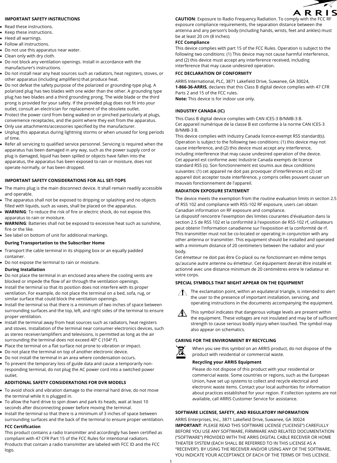 Page 1 of ARRIS Group XI6 Set Top Box User Manual Exhibit D Users Manual per 2 1033 b3