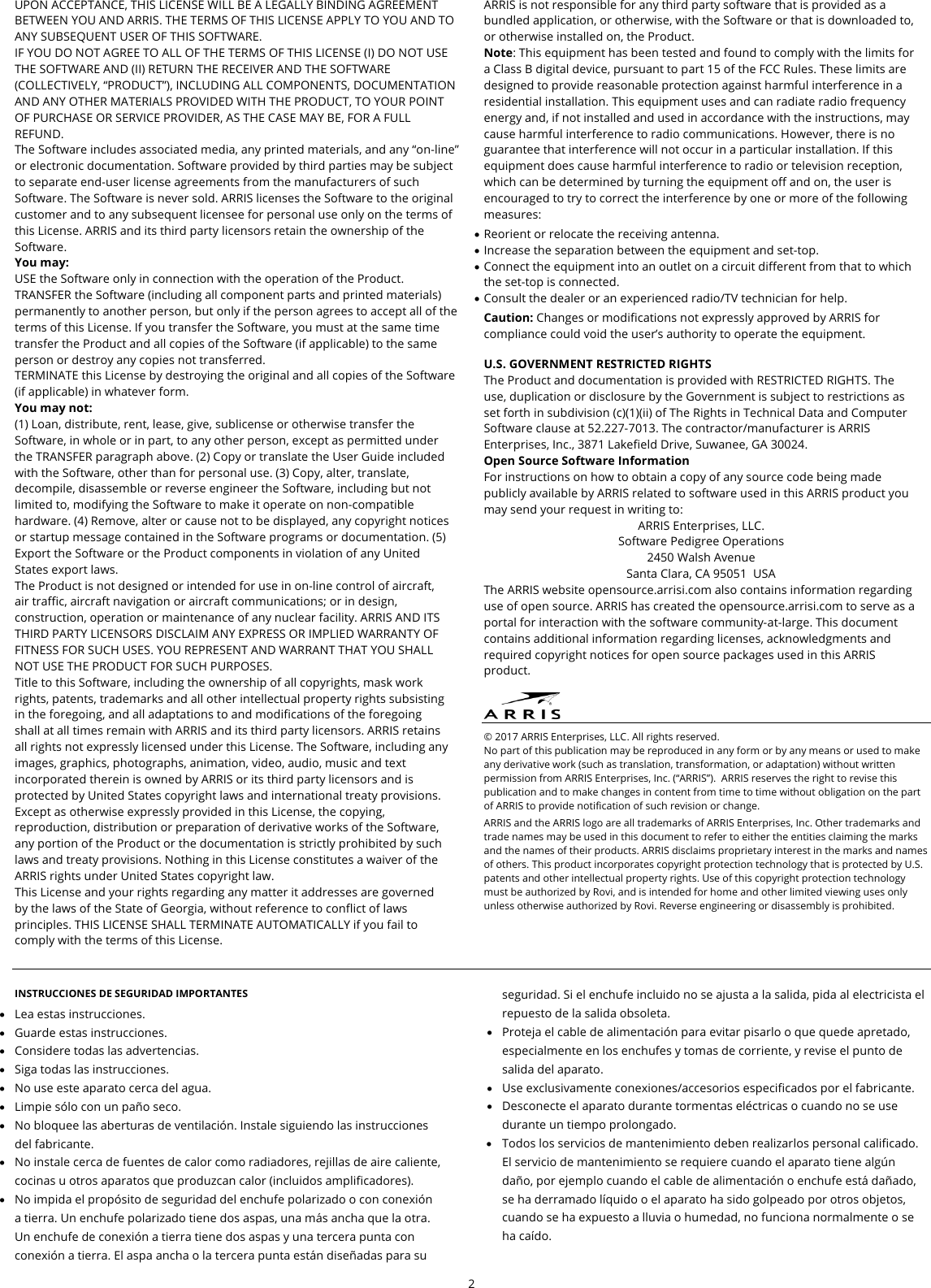 Page 2 of ARRIS Group XI6 Set Top Box User Manual Exhibit D Users Manual per 2 1033 b3