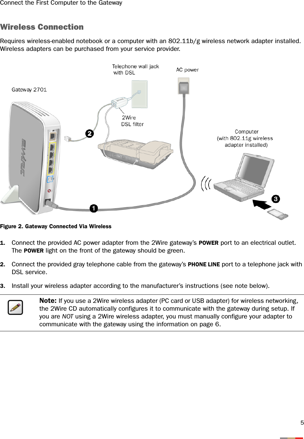 Connect the First Computer to the Gateway5Wireless ConnectionRequires wireless-enabled notebook or a computer with an 802.11b/g wireless network adapter installed. Wireless adapters can be purchased from your service provider.Figure 2. Gateway Connected Via Wireless1. Connect the provided AC power adapter from the 2Wire gateway’s POWER port to an electrical outlet. The POWER light on the front of the gateway should be green.2. Connect the provided gray telephone cable from the gateway’s PHONE LINE port to a telephone jack with DSL service.3. Install your wireless adapter according to the manufacturer’s instructions (see note below).Note: If you use a 2Wire wireless adapter (PC card or USB adapter) for wireless networking, the 2Wire CD automatically configures it to communicate with the gateway during setup. If you are NOT using a 2Wire wireless adapter, you must manually configure your adapter to communicate with the gateway using the information on page 6.