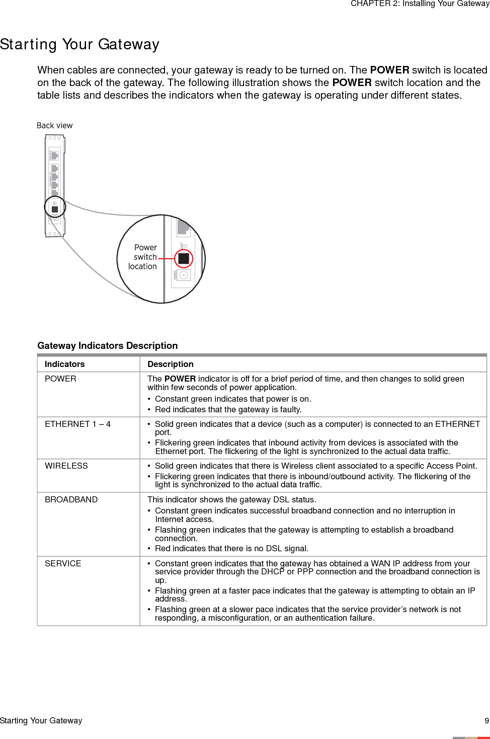 Starting Your Gateway 9CHAPTER 2: Installing Your GatewayStarting Your GatewayWhen cables are connected, your gateway is ready to be turned on. The POWER switch is located on the back of the gateway. The following illustration shows the POWER switch location and the table lists and describes the indicators when the gateway is operating under different states. Gateway Indicators DescriptionIndicators DescriptionPOWER The POWER indicator is off for a brief period of time, and then changes to solid green within few seconds of power application. • Constant green indicates that power is on.• Red indicates that the gateway is faulty. ETHERNET 1 – 4 • Solid green indicates that a device (such as a computer) is connected to an ETHERNET port. • Flickering green indicates that inbound activity from devices is associated with the Ethernet port. The flickering of the light is synchronized to the actual data traffic. WIRELESS • Solid green indicates that there is Wireless client associated to a specific Access Point. • Flickering green indicates that there is inbound/outbound activity. The flickering of the light is synchronized to the actual data traffic. BROADBAND This indicator shows the gateway DSL status.• Constant green indicates successful broadband connection and no interruption in Internet access. • Flashing green indicates that the gateway is attempting to establish a broadband connection.• Red indicates that there is no DSL signal. SERVICE • Constant green indicates that the gateway has obtained a WAN IP address from your service provider through the DHCP or PPP connection and the broadband connection is up.• Flashing green at a faster pace indicates that the gateway is attempting to obtain an IP address. • Flashing green at a slower pace indicates that the service provider’s network is not responding, a misconfiguration, or an authentication failure. 