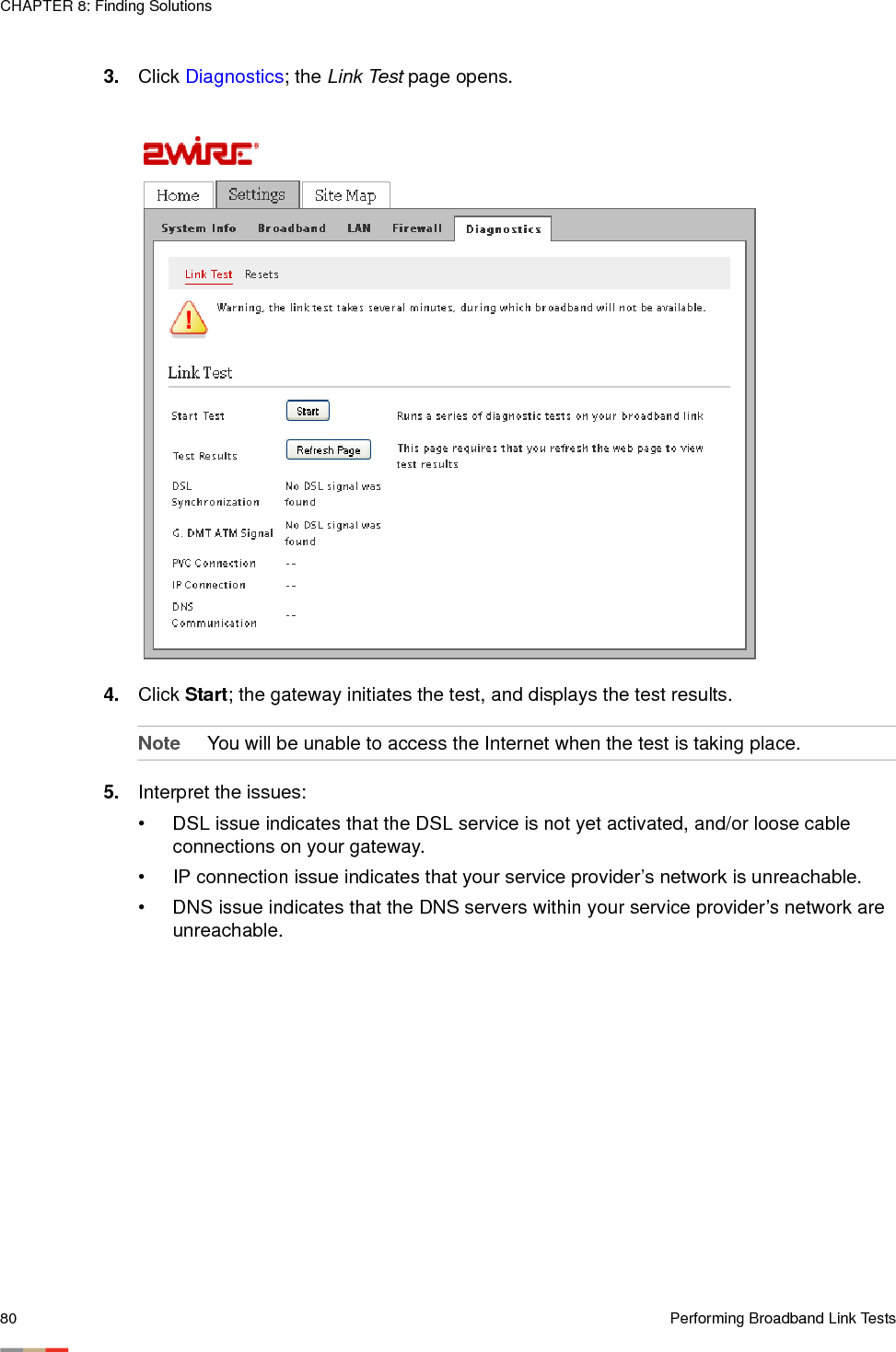 CHAPTER 8: Finding Solutions80 Performing Broadband Link Tests3. Click Diagnostics; the Link Test page opens. 4. Click Start; the gateway initiates the test, and displays the test results. Note You will be unable to access the Internet when the test is taking place. 5. Interpret the issues:• DSL issue indicates that the DSL service is not yet activated, and/or loose cable connections on your gateway. • IP connection issue indicates that your service provider’s network is unreachable. • DNS issue indicates that the DNS servers within your service provider’s network are unreachable. 