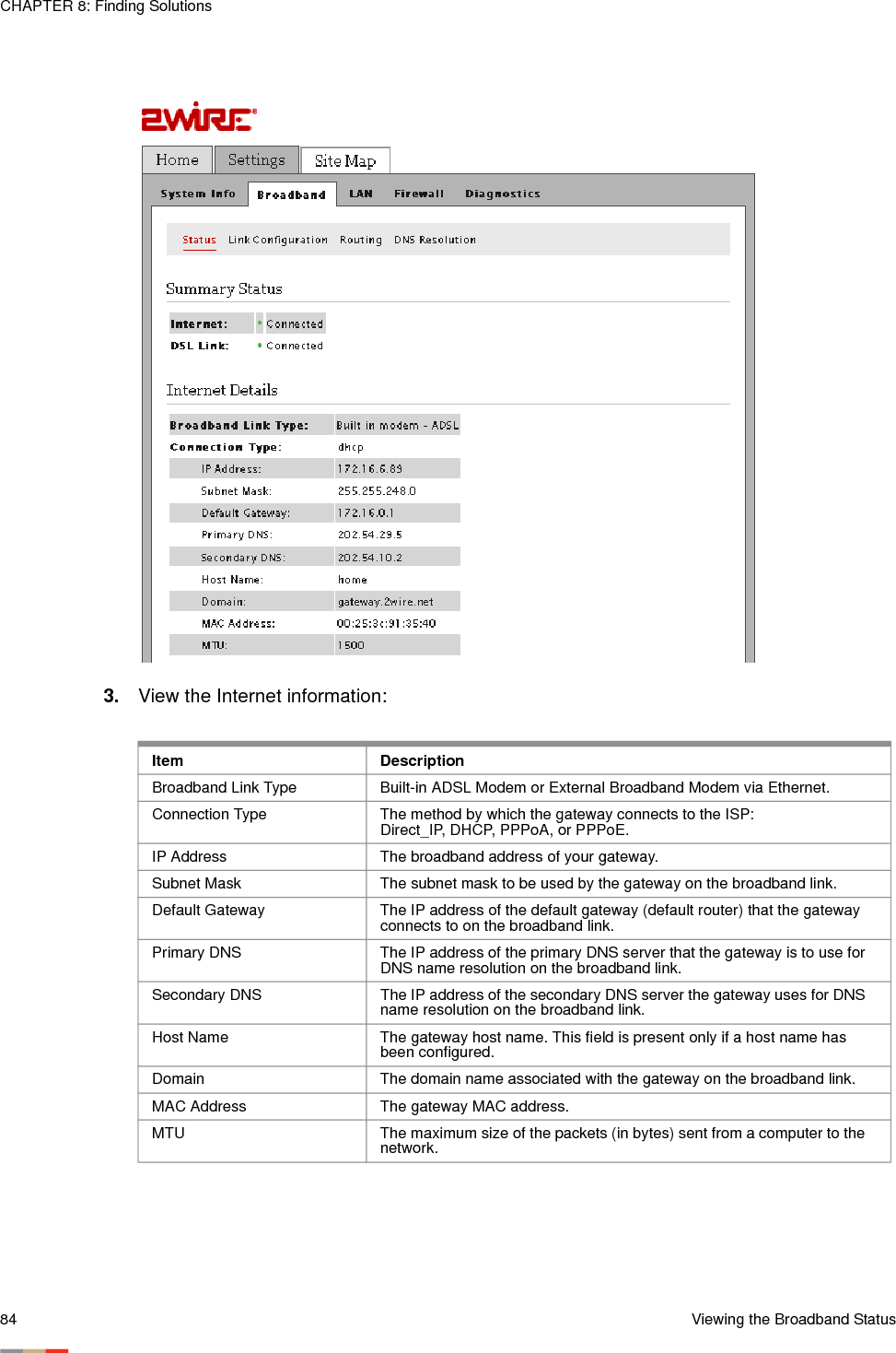 CHAPTER 8: Finding Solutions84 Viewing the Broadband Status3. View the Internet information: Item DescriptionBroadband Link Type Built-in ADSL Modem or External Broadband Modem via Ethernet.Connection Type The method by which the gateway connects to the ISP: Direct_IP, DHCP, PPPoA, or PPPoE.IP Address The broadband address of your gateway.Subnet Mask The subnet mask to be used by the gateway on the broadband link.Default Gateway The IP address of the default gateway (default router) that the gateway connects to on the broadband link.Primary DNS The IP address of the primary DNS server that the gateway is to use for DNS name resolution on the broadband link.Secondary DNS The IP address of the secondary DNS server the gateway uses for DNS name resolution on the broadband link.Host Name The gateway host name. This field is present only if a host name has been configured. Domain The domain name associated with the gateway on the broadband link.MAC Address The gateway MAC address.MTU The maximum size of the packets (in bytes) sent from a computer to the network.