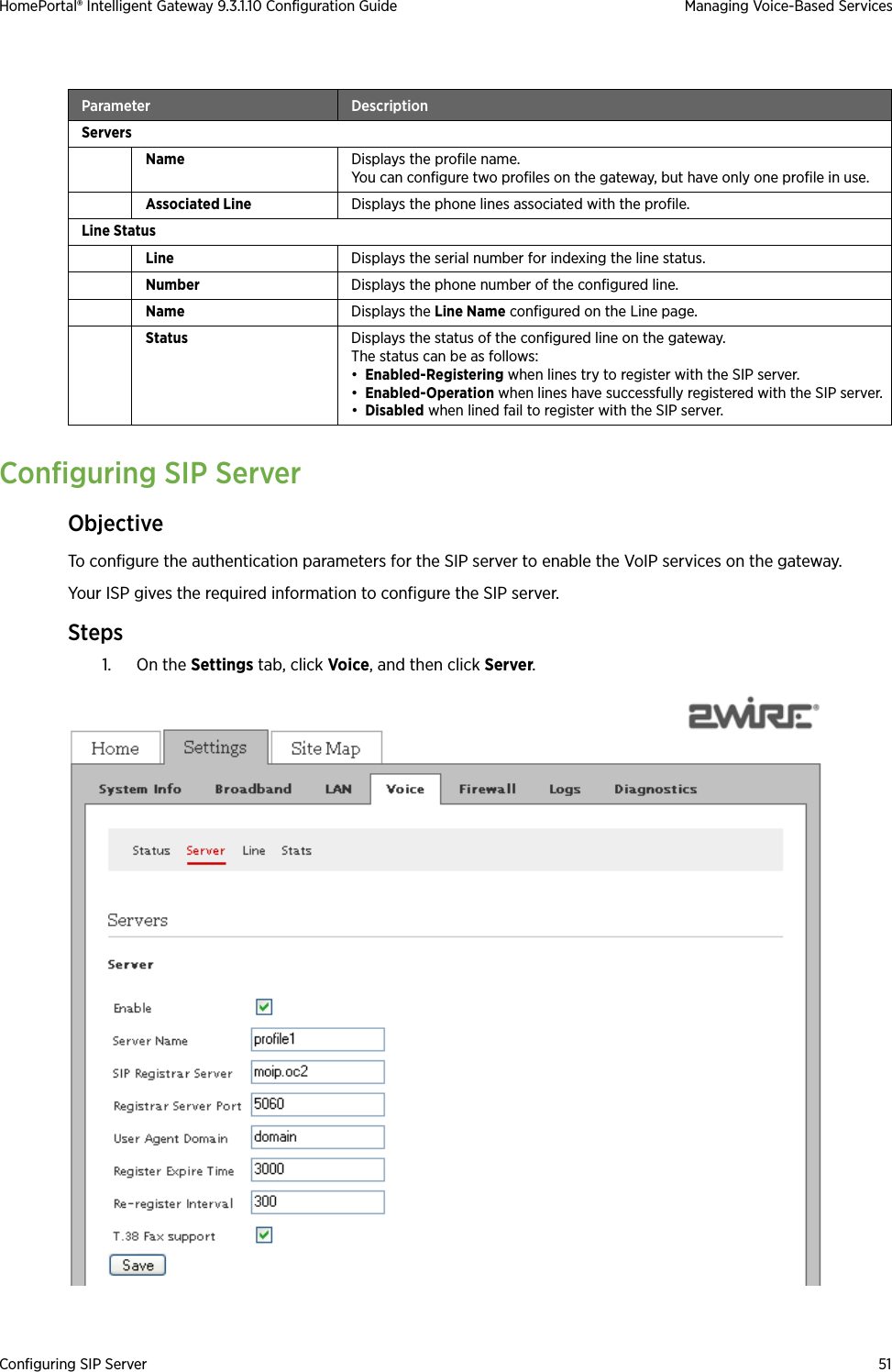 Configuring SIP Server 51HomePortal® Intelligent Gateway 9.3.1.10 Configuration Guide Managing Voice-Based ServicesConfiguring SIP ServerObjectiveTo configure the authentication parameters for the SIP server to enable the VoIP services on the gateway.Your ISP gives the required information to configure the SIP server.Steps1. On the Settings tab, click Voice, and then click Server.Parameter DescriptionServersName Displays the profile name. You can configure two profiles on the gateway, but have only one profile in use.Associated Line Displays the phone lines associated with the profile.Line StatusLine Displays the serial number for indexing the line status.Number Displays the phone number of the configured line.Name Displays the Line Name configured on the Line page.Status Displays the status of the configured line on the gateway. The status can be as follows:•Enabled-Registering when lines try to register with the SIP server.•Enabled-Operation when lines have successfully registered with the SIP server.•Disabled when lined fail to register with the SIP server.