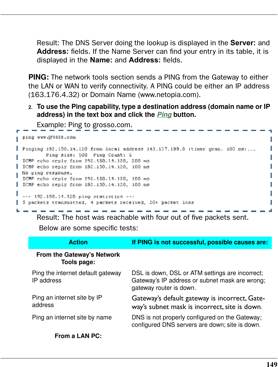 149Result: The DNS Server doing the lookup is displayed in the Server: and Address: ﬁelds. If the Name Server can ﬁnd your entry in its table, it is displayed in the Name: and Address: ﬁelds.PING: The network tools section sends a PING from the Gateway to either the LAN or WAN to verify connectivity. A PING could be either an IP address (163.176.4.32) or Domain Name (www.netopia.com).2. To use the Ping capability, type a destination address (domain name or IP address) in the text box and click the Ping button.Example: Ping to grosso.com. Result: The host was reachable with four out of ﬁve packets sent.  Below are some speciﬁc tests:Action If PING is not successful, possible causes are:From the Gateway&apos;s Network Tools page:Ping the internet default gateway IP address DSL is down, DSL or ATM settings are incorrect; Gateway’s IP address or subnet mask are wrong; gateway router is down.Ping an internet site by IP address Gateway’s default gateway is incorrect, Gate-way’s subnet mask is incorrect, site is down.Ping an internet site by name DNS is not properly conﬁgured on the Gateway; conﬁgured DNS servers are down; site is down.From a LAN PC: