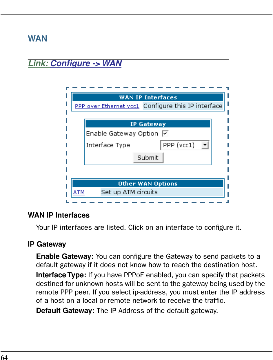 64WANLink: Conﬁgure -&gt; WANWAN IP InterfacesYour IP interfaces are listed. Click on an interface to conﬁgure it.IP GatewayEnable Gateway: You can conﬁgure the Gateway to send packets to a default gateway if it does not know how to reach the destination host.Interface Type: If you have PPPoE enabled, you can specify that packets destined for unknown hosts will be sent to the gateway being used by the remote PPP peer. If you select ip-address, you must enter the IP address of a host on a local or remote network to receive the trafﬁc.Default Gateway: The IP Address of the default gateway.