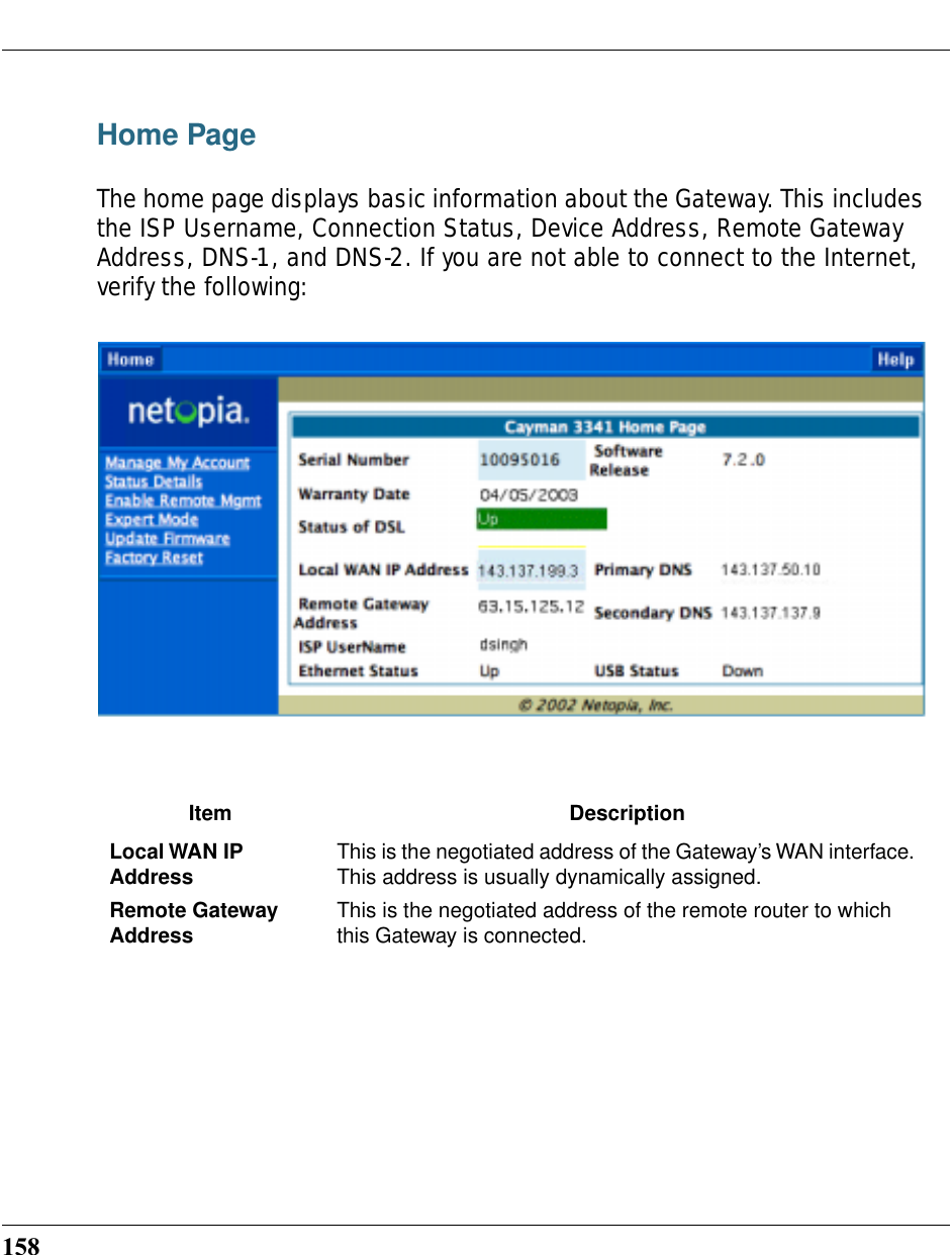 158Home PageThe home page displays basic information about the Gateway. This includes the ISP Username, Connection Status, Device Address, Remote Gateway Address, DNS-1, and DNS-2. If you are not able to connect to the Internet, verify the following:Item DescriptionLocal WAN IP Address This is the negotiated address of the Gateway’s WAN interface. This address is usually dynamically assigned.Remote Gateway Address This is the negotiated address of the remote router to which this Gateway is connected.