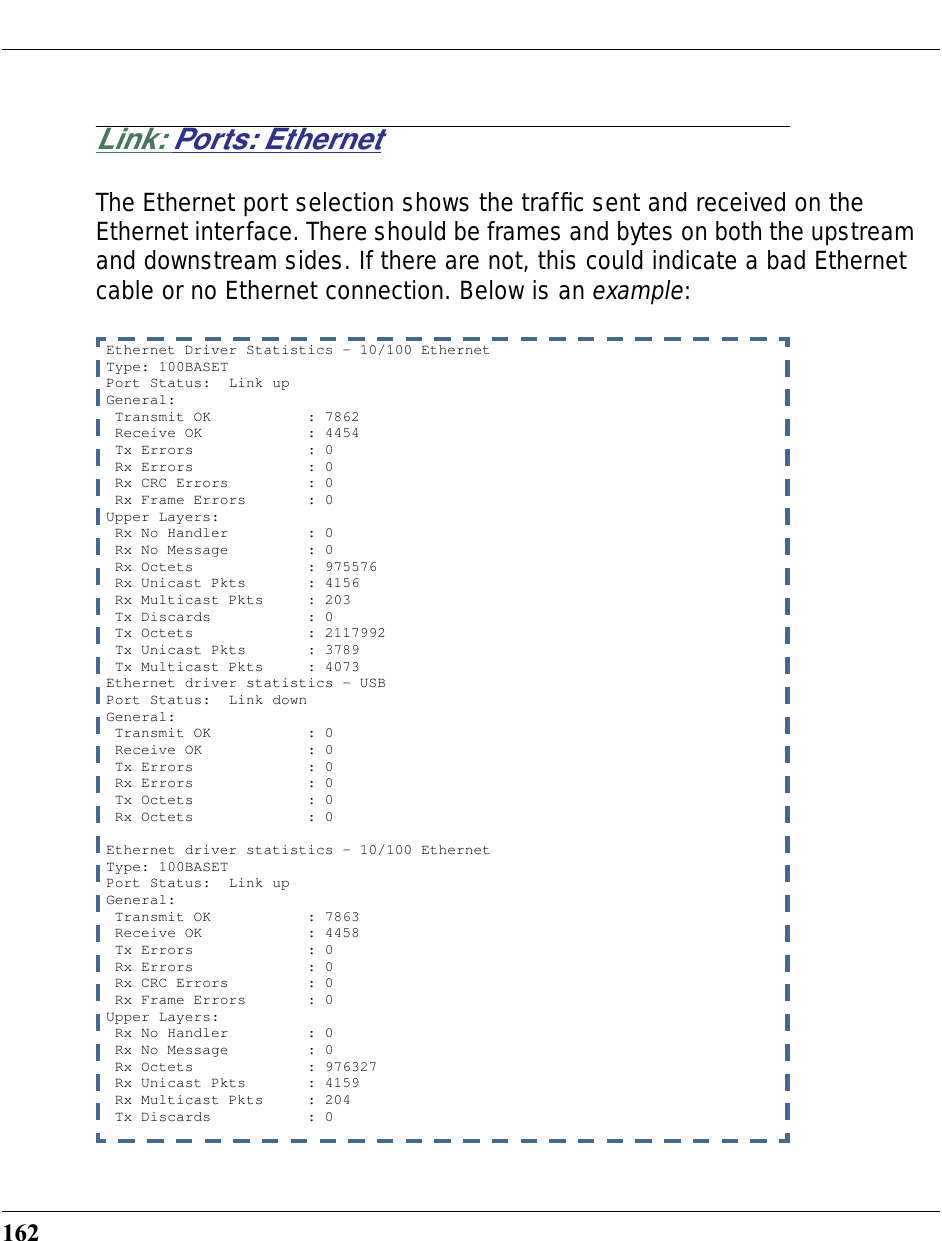 162Link: Ports: EthernetThe Ethernet port selection shows the trafﬁc sent and received on the Ethernet interface. There should be frames and bytes on both the upstream and downstream sides. If there are not, this could indicate a bad Ethernet cable or no Ethernet connection. Below is an example:Ethernet Driver Statistics - 10/100 EthernetType: 100BASETPort Status:  Link up General: Transmit OK           : 7862 Receive OK            : 4454 Tx Errors             : 0 Rx Errors             : 0 Rx CRC Errors         : 0 Rx Frame Errors       : 0Upper Layers: Rx No Handler         : 0 Rx No Message         : 0 Rx Octets             : 975576 Rx Unicast Pkts       : 4156 Rx Multicast Pkts     : 203 Tx Discards           : 0 Tx Octets             : 2117992 Tx Unicast Pkts       : 3789 Tx Multicast Pkts     : 4073Ethernet driver statistics - USBPort Status:  Link downGeneral: Transmit OK           : 0 Receive OK            : 0 Tx Errors             : 0 Rx Errors             : 0 Tx Octets             : 0 Rx Octets             : 0Ethernet driver statistics - 10/100 EthernetType: 100BASETPort Status:  Link up General: Transmit OK           : 7863 Receive OK            : 4458 Tx Errors             : 0 Rx Errors             : 0 Rx CRC Errors         : 0 Rx Frame Errors       : 0Upper Layers: Rx No Handler         : 0 Rx No Message         : 0 Rx Octets             : 976327 Rx Unicast Pkts       : 4159 Rx Multicast Pkts     : 204 Tx Discards           : 0