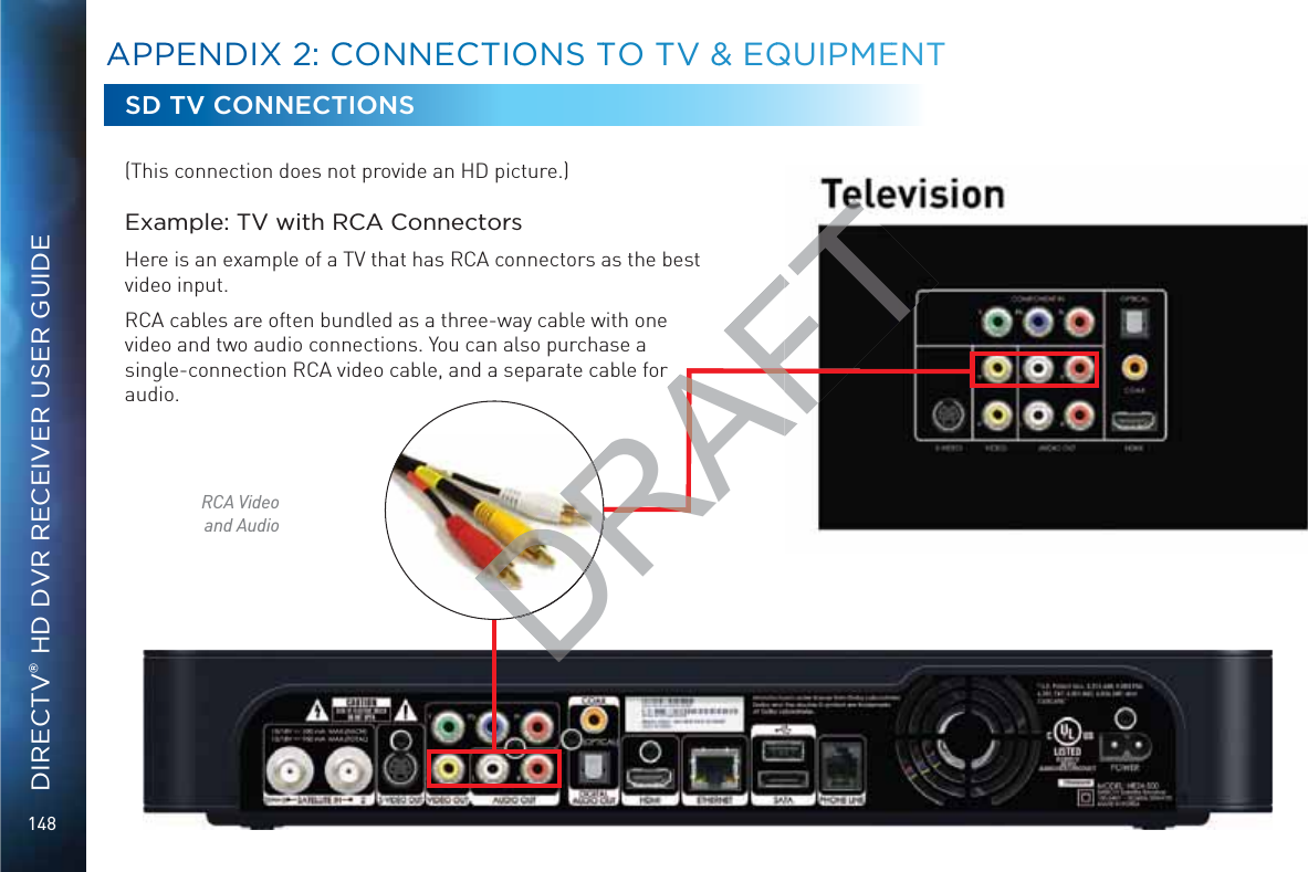 148DIRECTV® HD DVR RECEIVER USER GUIDE(This connection does not provide an HD picture.)Example: TV with RCA ConnectorsHere is an example of a TV that has RCA connectors as the best video input.RCA cables are often bundled as a three-way cable with one video and two audio connections. You can also purchase a single-connection RCA video cable, and a separate cable for audio.SD TV CONNECTIONSRCA Video and AudioAAPPENDIXX 22: CCOONNEECTTIOONS TTO TVV &amp;&amp; EQQUIPMMEENTDRAFDRDRAF
