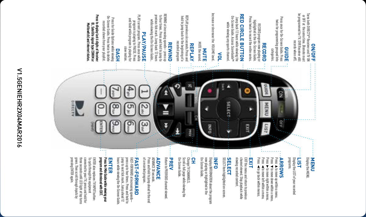 MENU Display the MENU.LIST  Display the LIST of your recorded programs.ARROWS Press       to move up within a menu. Press       to move down within a menu. Press       to move right within a menu. Press       to move left within a menu. Press       to go back within menus.EXIT EXIT the menu and return to previous channel viewed. Stop playback while viewing recorded content.SELECT SELECT item highlighted on-screen.INFO Display INFORMATION about the program now playing or highlighted in the On-Screen Guide.CH Change TV CHANNELS. Scroll a full page while viewing the On-Screen Guide.PREV Return to PREVIOUS channel viewed.ADVANCE ADVANCE 30 seconds. Press and hold to jump ahead to the end of a recorded program.FAST-FORWARD FAST-FORWARD at increasing speeds—press up to four times. Press and hold to jump to next tick mark. Jump ahead 12 hours while viewing the On-Screen Guide.ENTER Press for Mini Guide while viewing your program and dismissed with EXIT.ENTER also replaces TV INPUT button:  To cycle through the equipment connected to your TV, press and hold for three seconds until LED light at top turns green. Then scroll through inputs by pressing ENTER again.ON/OFF Turns both DIRECTV® Receiver and TV ON or OFF at  the sema time. (Remote must be programmed for TV. DVR Receiver still records when off).GUIDE Press once for On-Screen Guide. Press twice for programming grouped into categories.RECORD  RECORD program now playing or highlighted in the On-Screen Guide.  Press twice to record the entire series.RED CIRCLE BUTTON Jump back 12 hours while viewing the On-Screen Guide. Access ScoreGuide™ while viewing any sports channel.VOL Increase or decrease the  VOLUME level.MUTE MUTE the sound.REPLAY REPLAY previous six seconds.Press and hold to jump back to the beginning of a recorded programREWIND REWIND at increasing speeds— press up to four times. Press and hold to jump to previous tick mark. Jump back 12 hours while viewing the On-Screen Guide..PLAY/PAUSE PLAY current program. Press once while program is playing to PAUSE. Press and hold while program is playing for slow motion.DASH Press for Guide Options while viewing On-Screen Guide. Press twice to delete recorded shows from your playlist.Press to display last 6 digits of Receiver ID, Satellite signal type (SWiM or Multiswitch) and internet status.V1.5GENIEHR2X04MAR2016