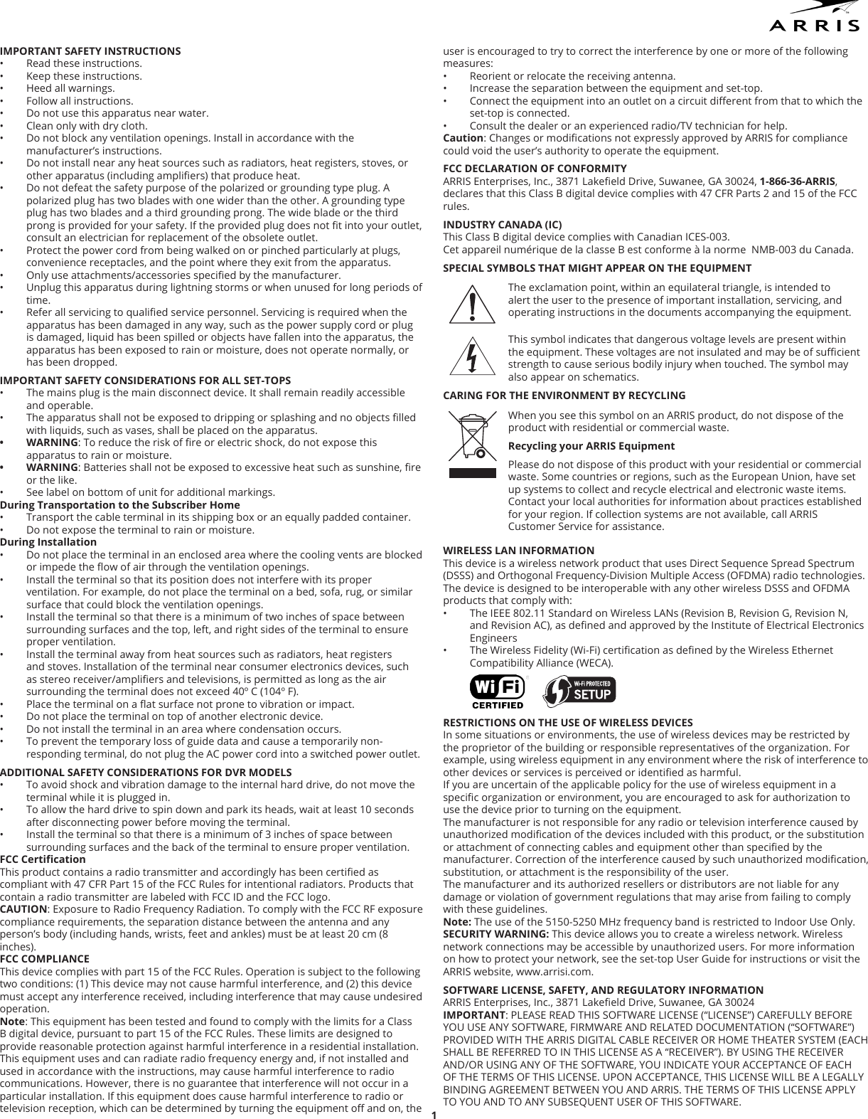 ARRIS DCX3635 Cable Set Top Box User Manual Statements