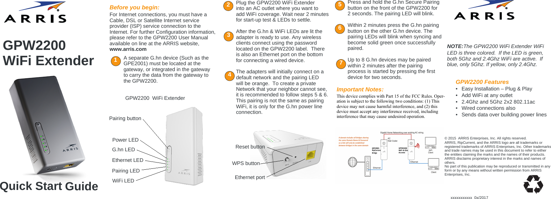 Quick Start GuideGPW2200 WiFi Extender 132A separate G.hn device (Such as the GPE2001) must be located at thegateway, or integrated in the gatewayto carry the data from the gateway tothe GPW2200. Reset buttonPress and hold the G.hn Secure Pairingbutton on the front of the GPW2200 for2 seconds. The pairing LED will blink.Within 2 minutes press the G.hn pairingbutton on the other G.hn device. Thepairing LEDs will blink when syncing andbecome solid green once successfullypaired.Up to 8 G.hn devices may be pairedwithin 2 minutes after the pairingprocess is started by pressing the firstdevice for two seconds.Plug the GPW2200 WiFi Extenderinto an AC outlet where you want toadd WiFi coverage. Wait near 2 minutesfor start-up test &amp; LEDs to settle. After the G.hn &amp; WiFi LEDs are lit theadapter is ready to use. Any wirelessclients connect using the passwordlocated on the GPW2200 label.  Thereis also an Ethernet port on the bottomfor connecting a wired device.The adapters will initially connect on adefault network and the pairing LEDwill be orange.  To create a privateNetwork that your neighbor cannot see,it is recommended to follow steps 5 &amp; 6.This pairing is not the same as pairingWiFi, it is only for the G.hn power lineconnection.Pairing buttonEthernet portGPW2200  WiFi Extender4567xxxxxxxxxxx  0x/2017Before you begin:For Internet connections, you must have aCable, DSL or Satellite Internet serviceprovider (ISP) service connection to theInternet. For further Configuration information,please refer to the GPW2200 User Manualavailable on line at the ARRIS website,www.arris.com© 2015  ARRIS Enterprises, Inc. All rights reserved. ARRIS, RipCurrent, and the ARRIS logo are all trademarks orregistered trademarks of ARRIS Enterprises, Inc. Other trademarksand trade names may be used in this document to refer to eitherthe entities claiming the marks and the names of their products.ARRIS disclaims proprietary interest in the marks and names ofothers.No part of this publication may be reproduced or transmitted in anyform or by any means without written permission from ARRISEnterprises, Inc.GPW2200 Features •  Easy Installation – Plug &amp; Play•  Add WiFi at any outlet•  2.4Ghz and 5Ghz 2x2 802.11ac•  Wired connections also•  Sends data over building power linesEthernet LEDPairing LEDNOTE: The GPW2200 WiFi Extender WiFi LED is three colored.  If the LED is green,both 5Ghz and 2.4Ghz WiFi are active.  Ifblue, only 5Ghz. If yellow, only 2.4Ghz. G.hn LEDPower LEDImportant Notes:This device complies with Part 15 of the FCC Rules. Oper-ation is subject to the following two conditions: (1) Thisdevice may not cause harmful interference, and (2) thisdevice must accept any interference received, includinginterference that may cause undesired operation.WiFi LEDWPS button