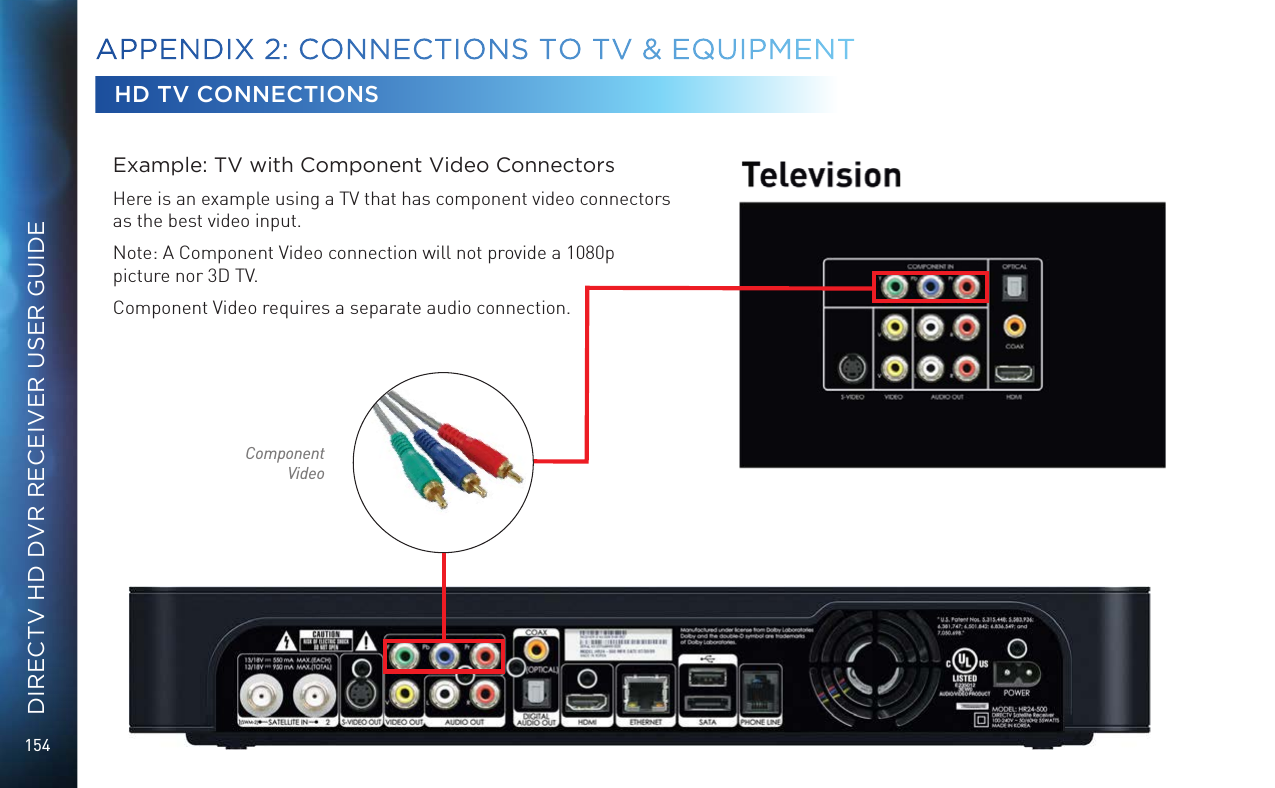 154DIRECTV HD DVR RECEIVER USER GUIDEExample: TV with Component Video ConnectorsHere is an example using a TV that has component video connectors as the best video input.Note: A Component Video connection will not provide a 1080p picture nor 3D TV.Component Video requires a separate audio connection.HD TV CONNECTIONSComponent VideoAPPENDIX 2:  CONNECTIONS TO TV &amp; EQUIPMENT